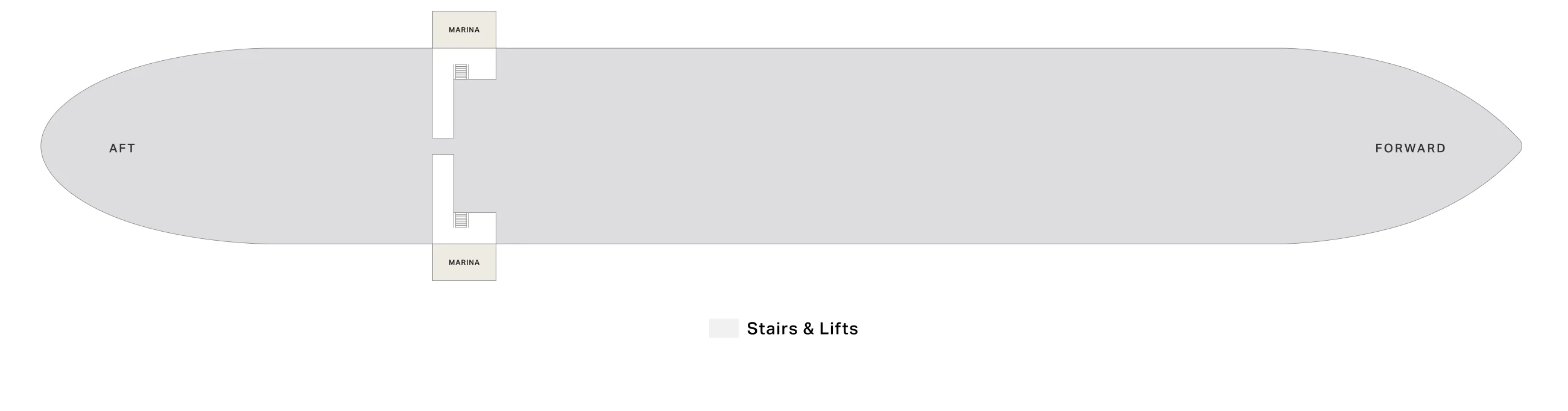 Deck 2 plan of Four Seasons I, showing the marina openings on both sides of the yacht