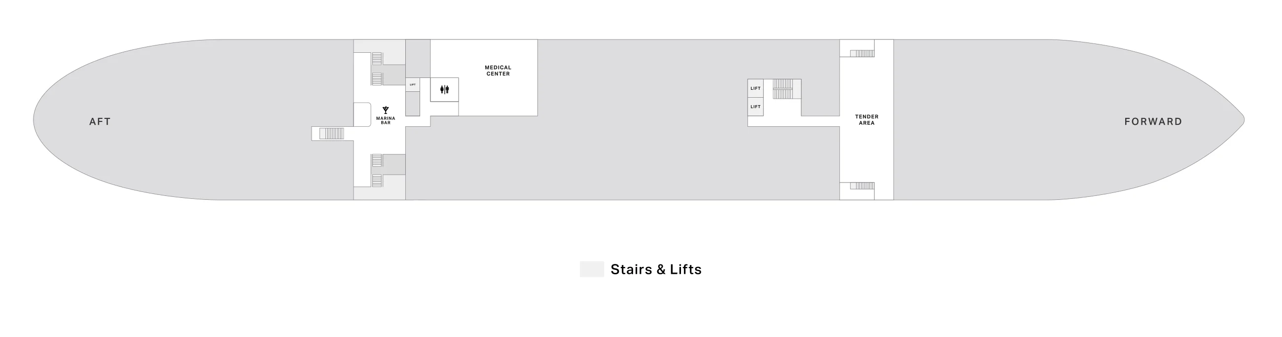 Deck 3 plan of Four Seasons I, showing the Marina Bar aft, the Medical Center and the tender area forward