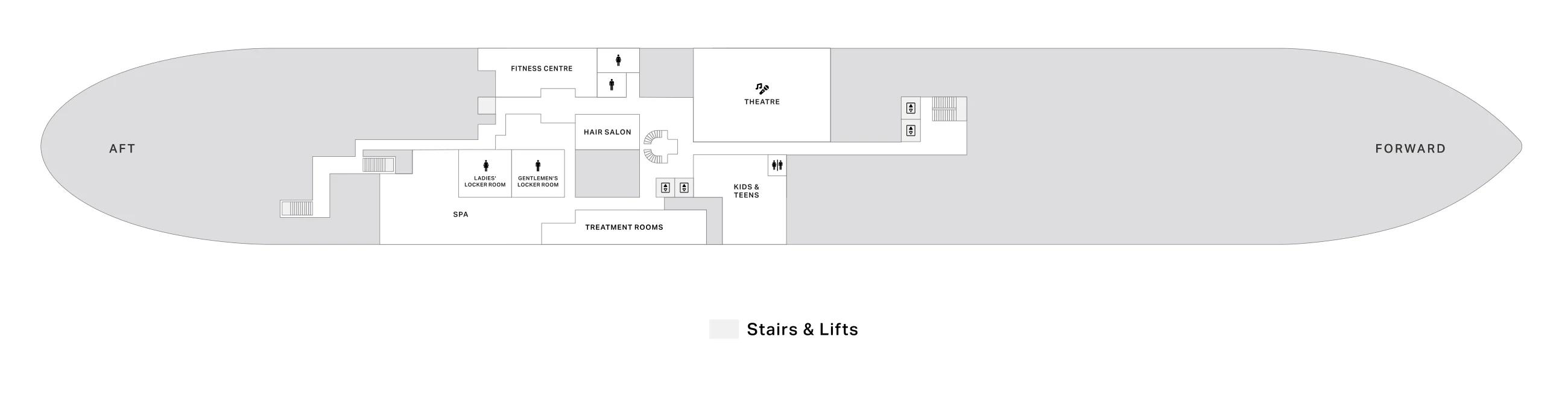 Deck 4 plan of Four Seasons I, showing the spa with its treatment rooms and locker rooms, the fitness centre, the hair salon, the theatre and the Kids & Teens room