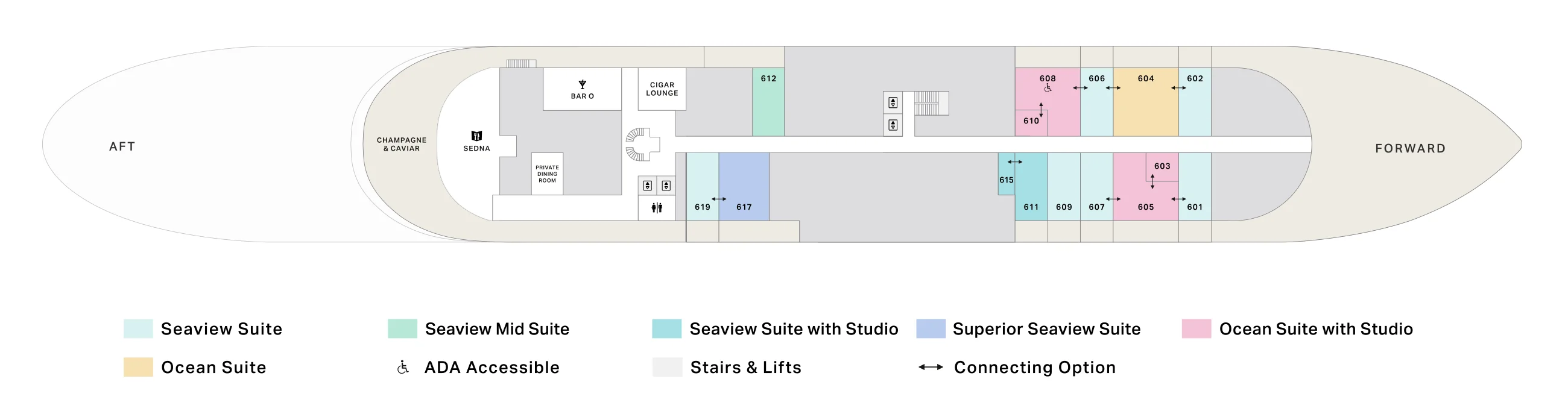 Deck 6 plan of Four Seasons I, showing Sedna, Champagne & Caviar, Bar O, the Cigar Lounge and the Private Dining Room aft, and suites 601 to 619 forward, colour-coded by category