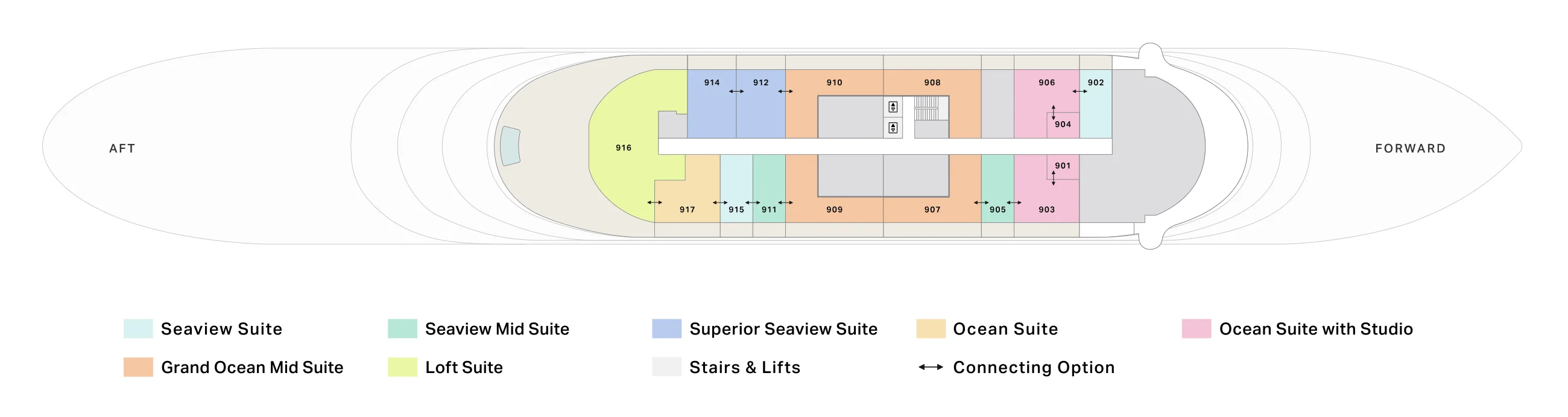 Deck 9 plan of Four Seasons I, showing the Loft Suite 916 aft and suites 901 to 917