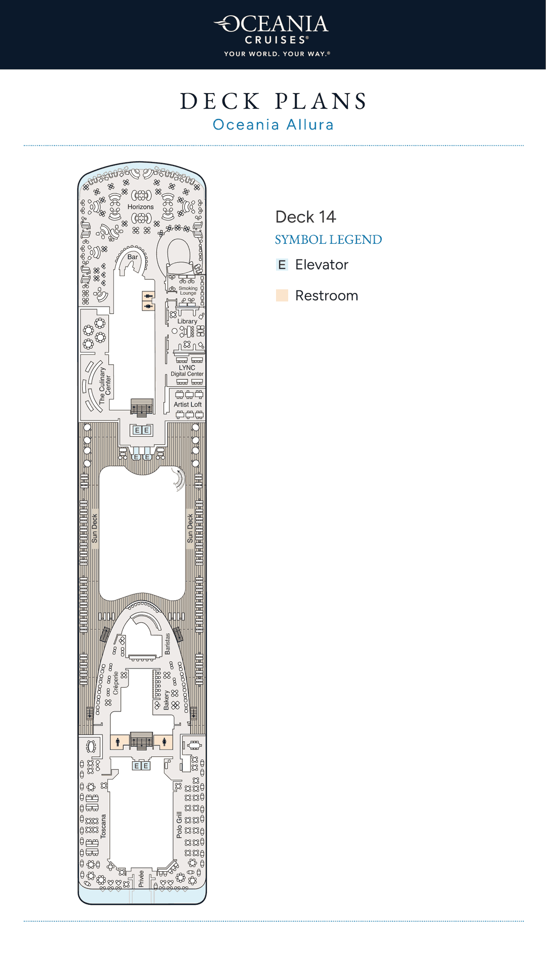Deck 14 plan of Oceania Allura, showing Horizons, The Culinary Center, Artist Loft, Toscana, Polo Grill, Privée, the Library, Baristas and the Crêperie