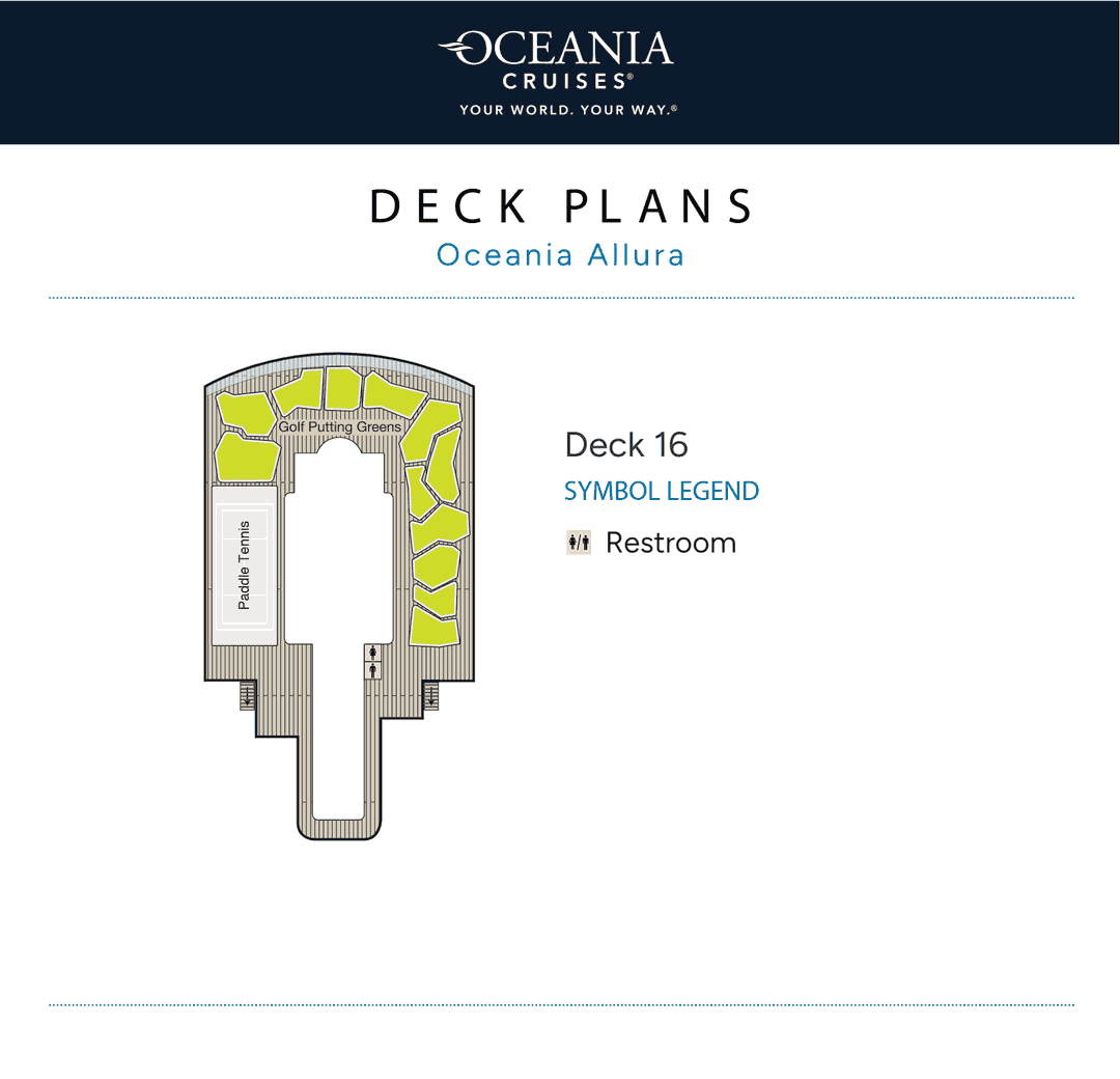 Deck 16 plan of Oceania Allura, showing the golf putting greens and paddle tennis