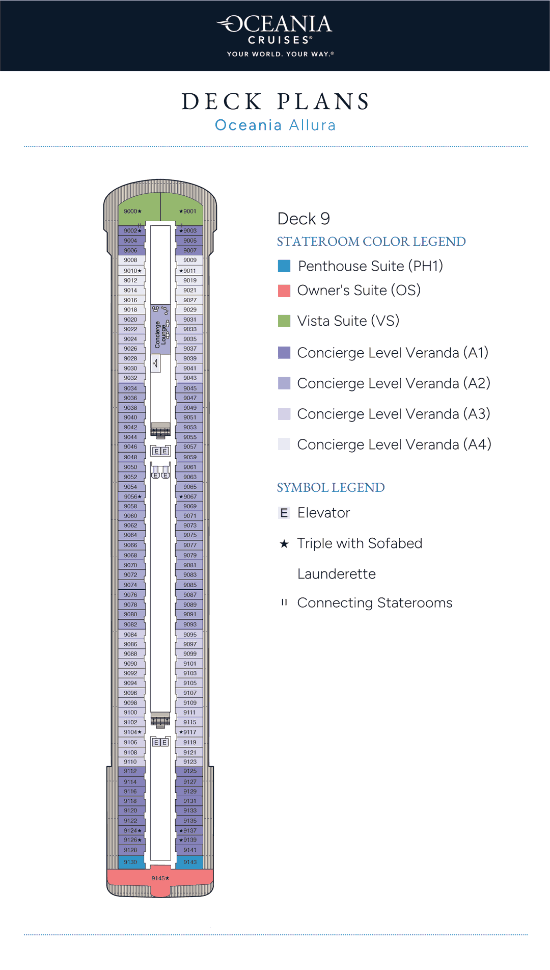 Deck 9 plan of Oceania Allura, showing an Owner's Suite, Vista Suites, Penthouse Suites, Concierge Level Verandas and the Concierge Lounge