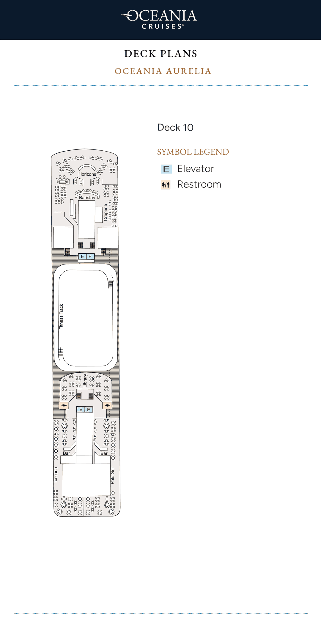 Deck 10 plan of Oceania Aurelia, showing Horizons forward, Baristas, the Crêperie, the fitness track, the Library, Toscana and Polo Grill aft