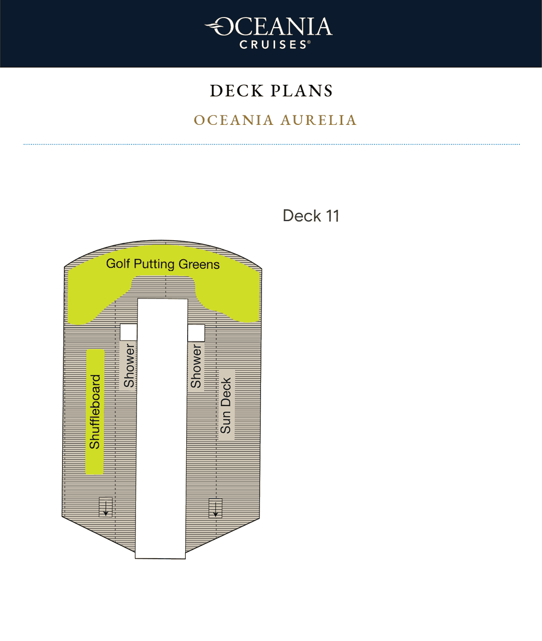 Deck 11 plan of Oceania Aurelia, showing the golf putting greens, shuffleboard and sun deck