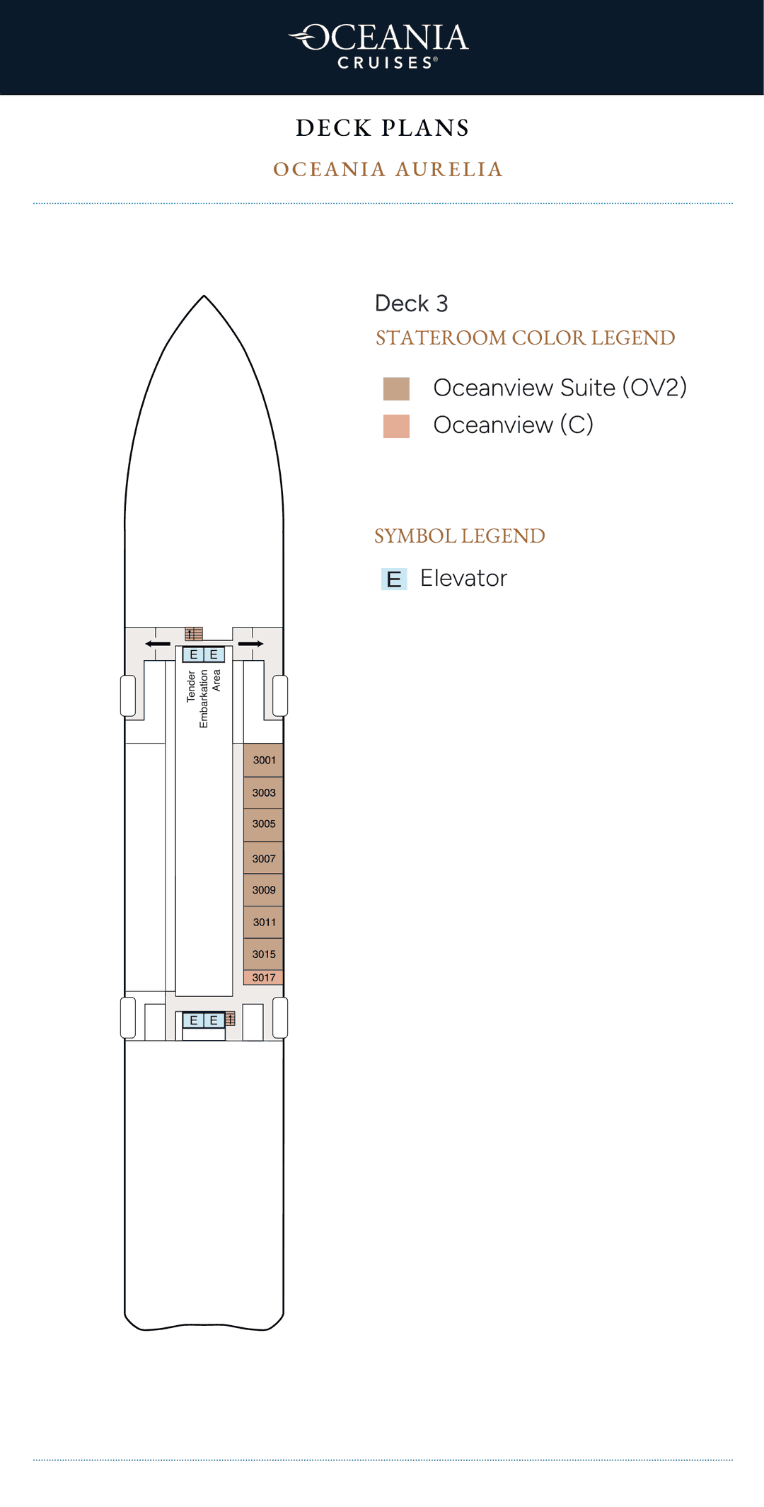 Deck 3 plan of Oceania Aurelia, showing Oceanview Suites and Oceanview Staterooms