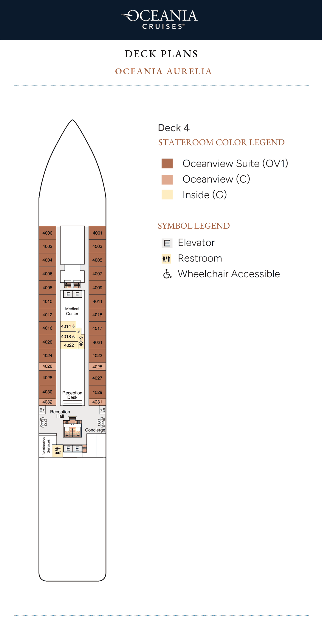 Deck 4 plan of Oceania Aurelia, showing Reception, the Concierge, the Medical Center, Oceanview Suites, Oceanview and Inside Staterooms