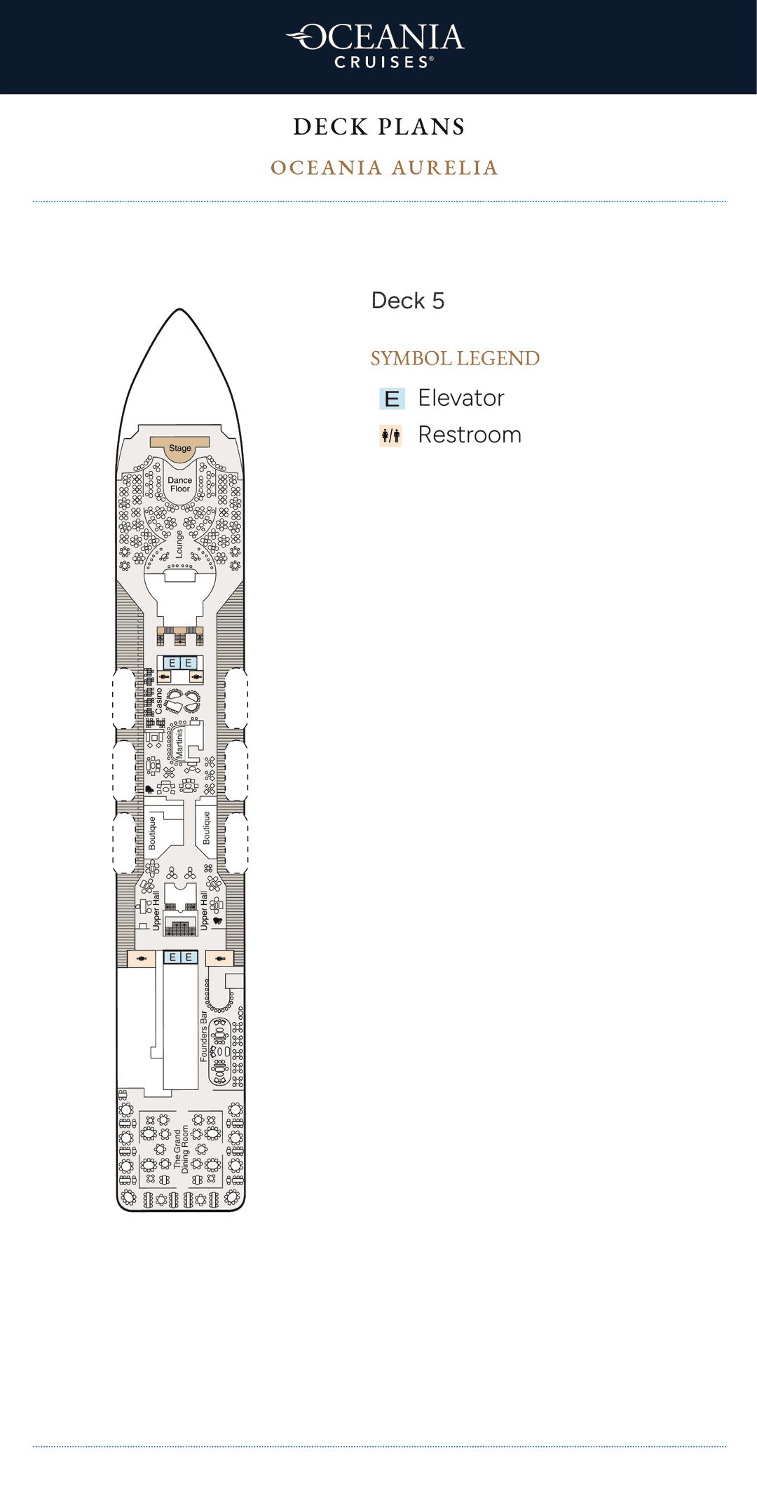 Deck 5 plan of Oceania Aurelia, showing the Lounge forward, the Casino, Martinis, the Boutiques, Founders Bar and The Grand Dining Room aft