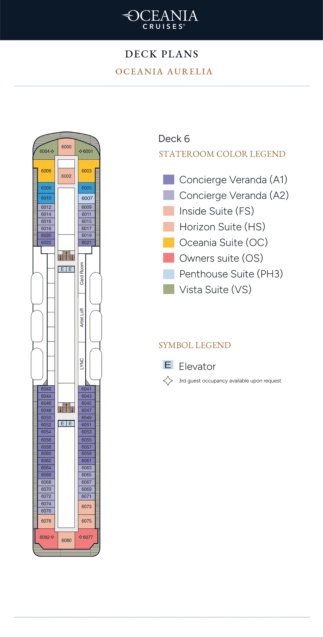 Deck 6 plan of Oceania Aurelia, showing Owner's, Vista, Oceania, Horizon, Penthouse and Inside Suites, Concierge Verandas, Artist Loft and the Card Room