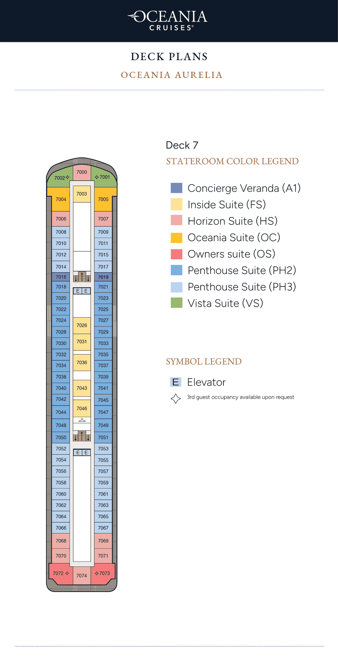 Deck 7 plan of Oceania Aurelia, showing Owner's, Vista, Oceania, Horizon, Penthouse and Inside Suites and Concierge Verandas