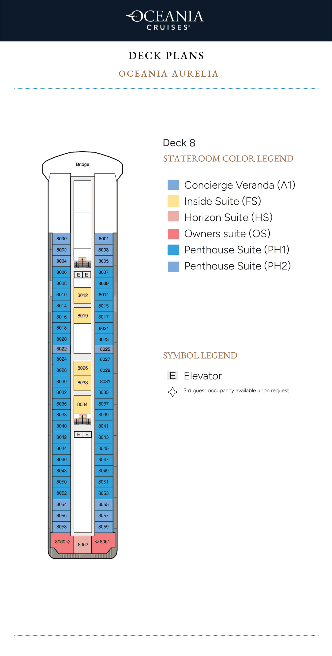 Deck 8 plan of Oceania Aurelia, showing Owner's, Horizon, Penthouse and Inside Suites and Concierge Verandas