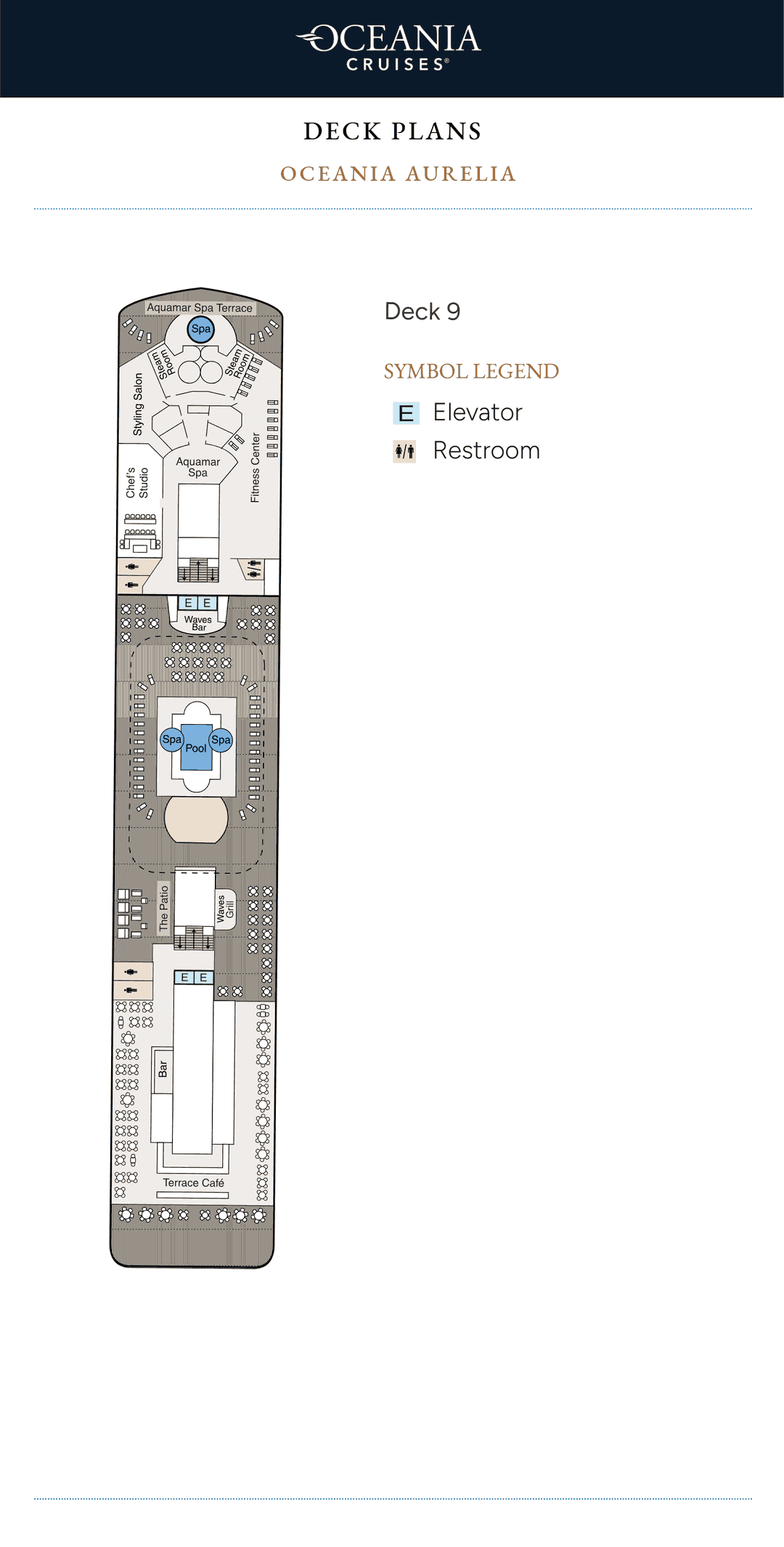 Deck 9 plan of Oceania Aurelia, showing the Aquamar Spa and Spa Terrace forward, the Fitness Center, Chef's Studio, the pool, Waves Bar, Waves Grill and Terrace Café aft