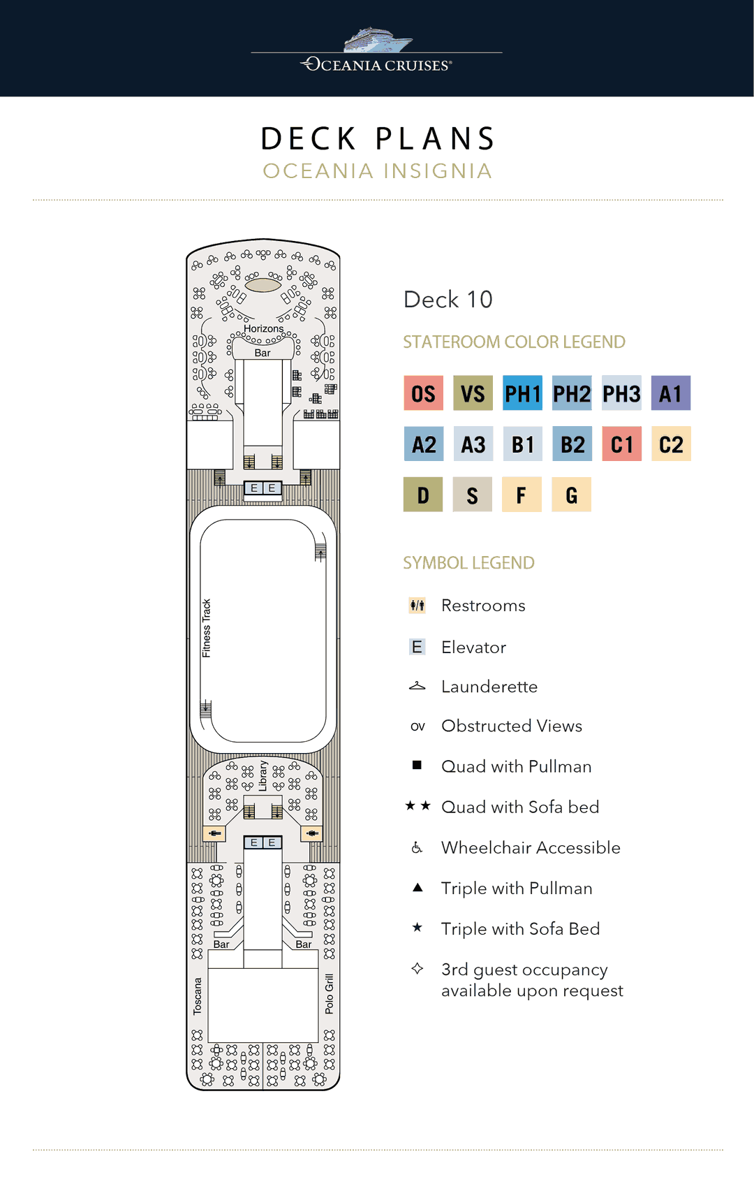 Deck 10 plan of Oceania Insignia, showing Horizons forward, the fitness track, the Library, Toscana and Polo Grill