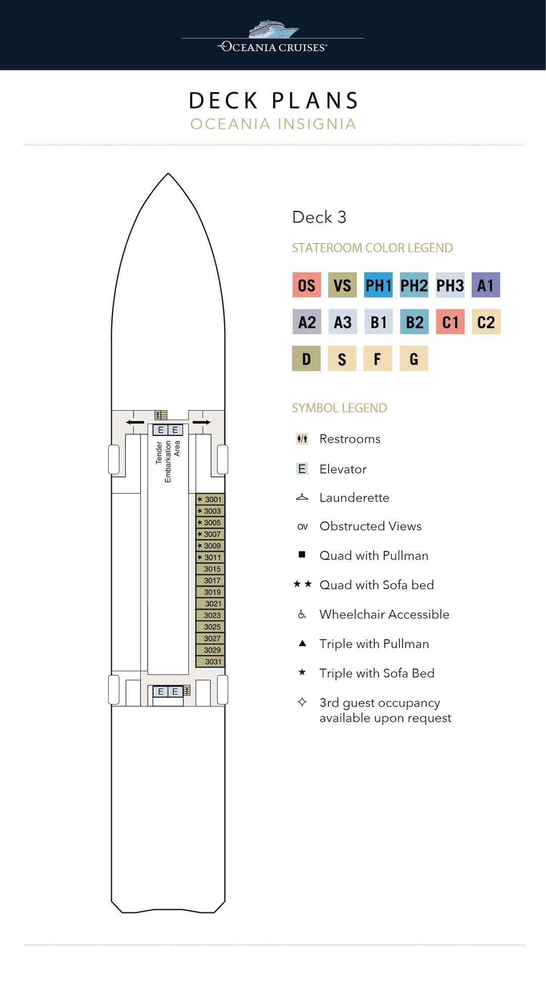 Deck 3 plan of Oceania Insignia, showing the Oceanview Staterooms