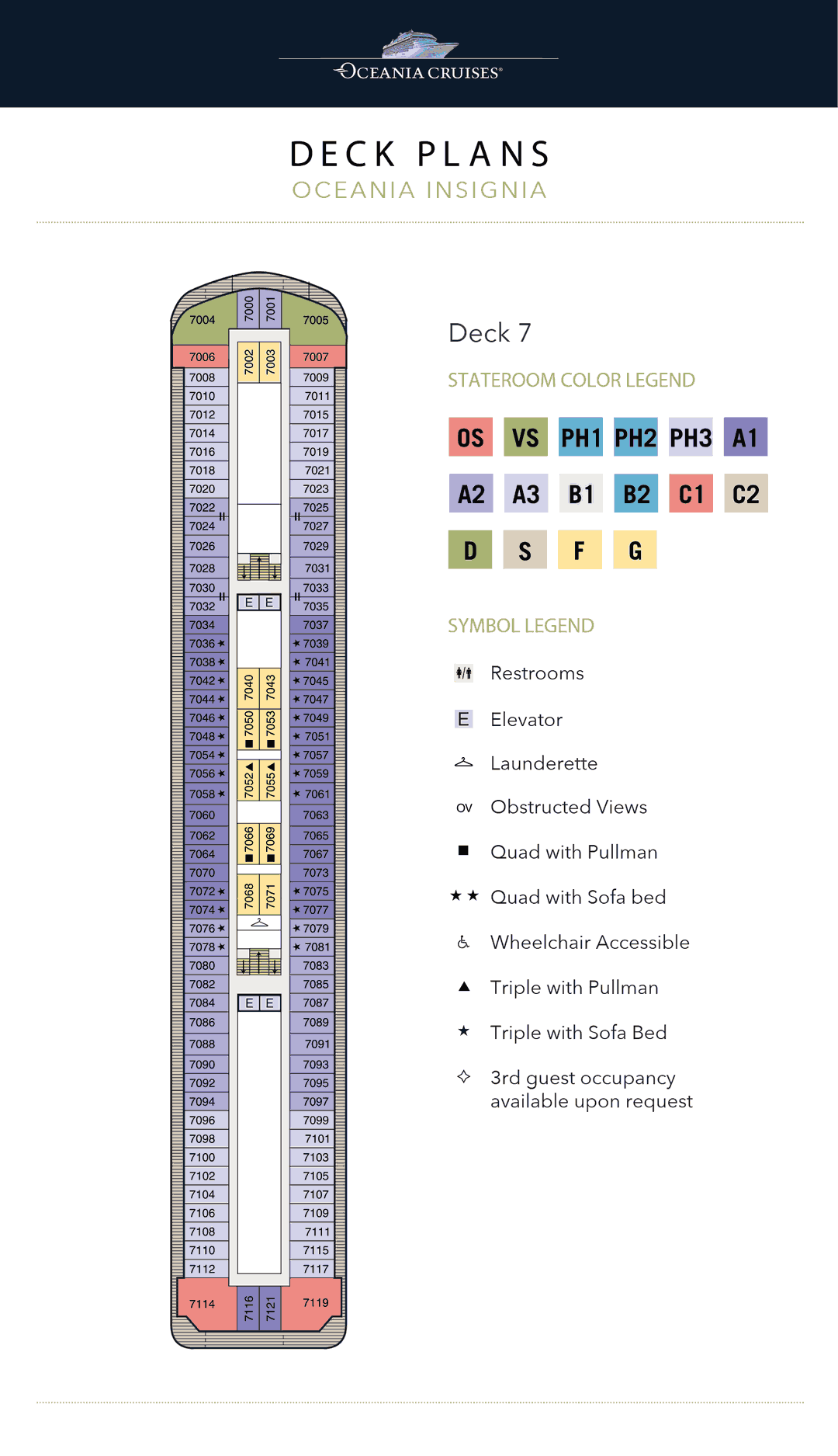 Deck 7 plan of Oceania Insignia, showing Owner's Suites, Vista Suites, Concierge Level Veranda, Deluxe Oceanview and Inside Staterooms