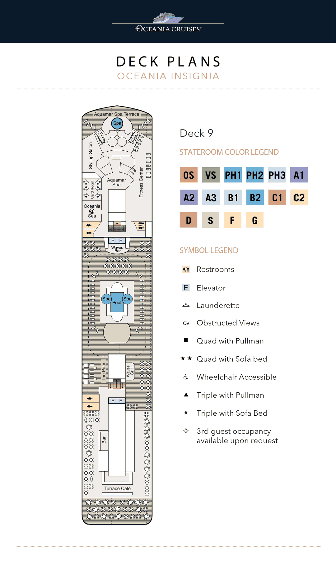 Deck 9 plan of Oceania Insignia, showing the Aquamar Spa + Vitality Center forward, the pool deck, Waves Bar & Grill, the Card Room and Terrace Café aft