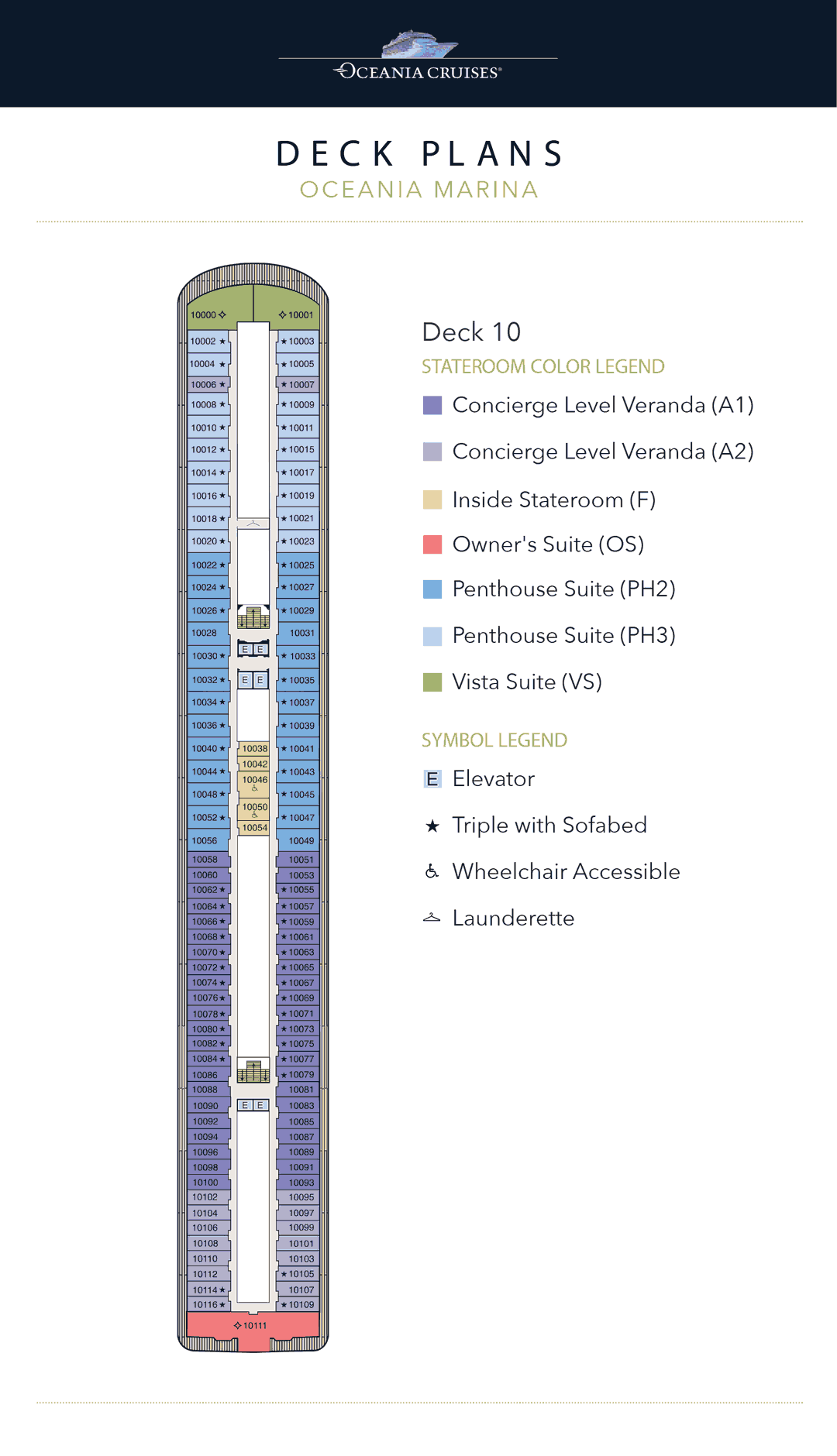 Deck 10 plan of Oceania Marina, showing an Owner's Suite, Vista Suites, Penthouse Suites, Inside Staterooms and Concierge Level Veranda Staterooms