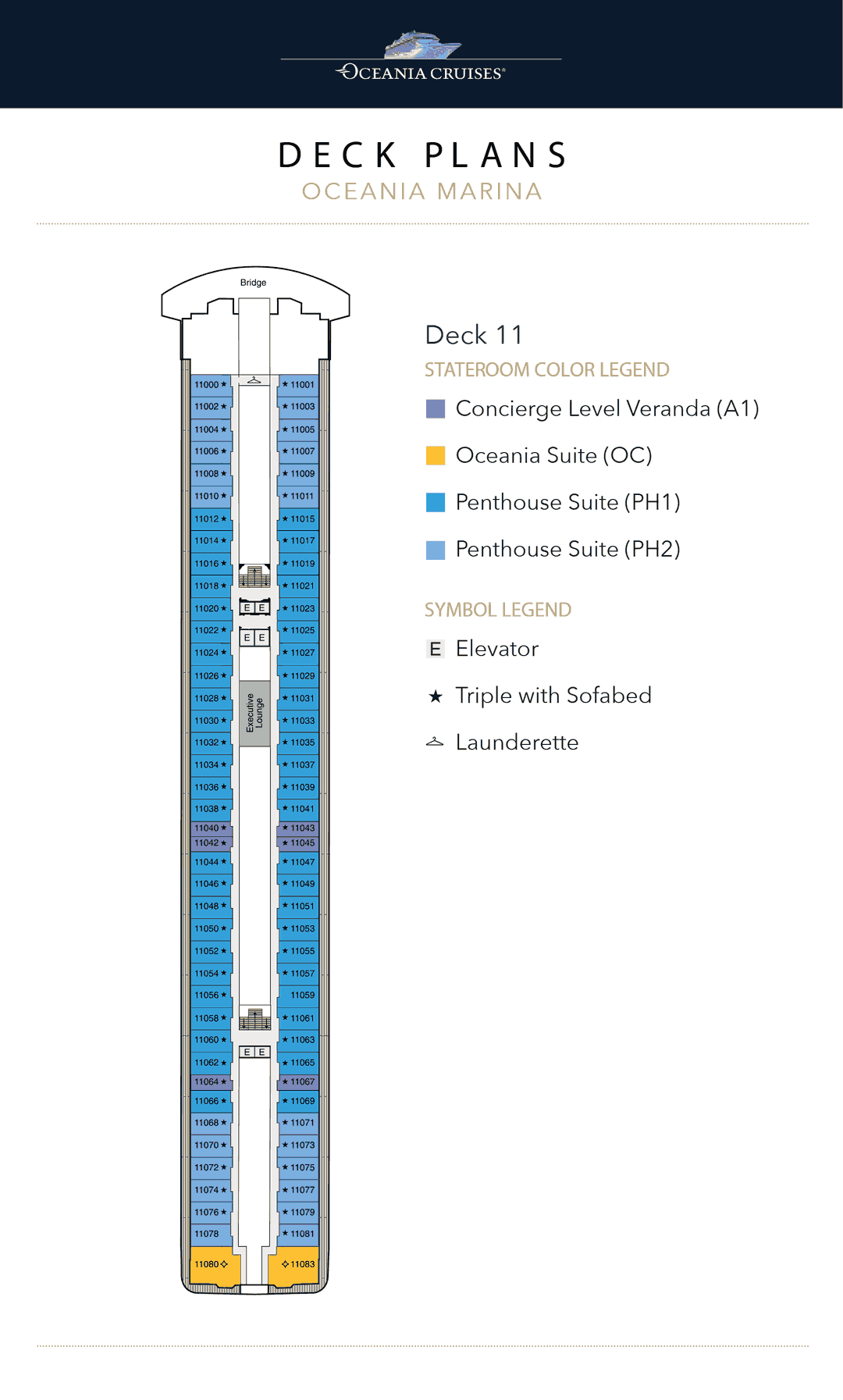 Deck 11 plan of Oceania Marina, showing Oceania Suites, Penthouse Suites and Concierge Level Veranda Staterooms