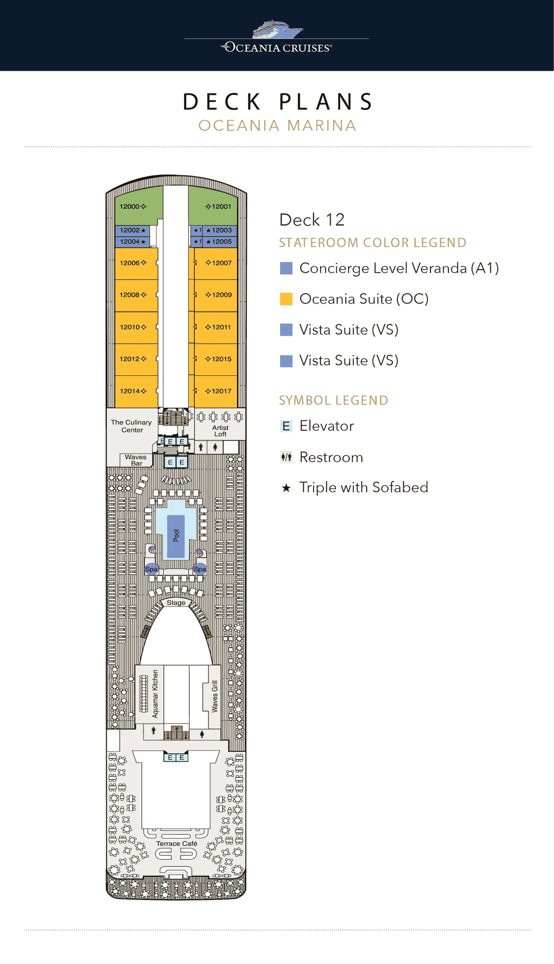 Deck 12 plan of Oceania Marina, showing Oceania and Vista Suites forward, The Culinary Center, Artist Loft, the pool deck, Waves Grill and Terrace Café