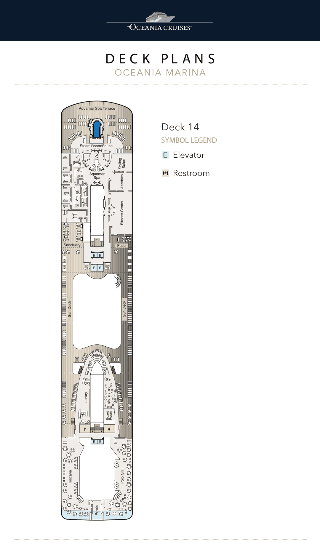 Deck 14 plan of Oceania Marina, showing Toscana, Privée, Polo Grill, the Library, Baristas, the Aquamar Spa + Vitality Center and Fitness Center