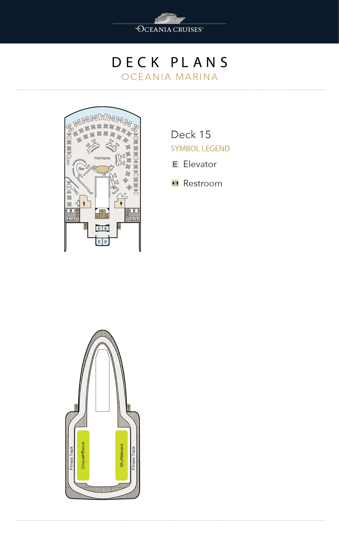 Deck 15 plan of Oceania Marina, showing the fitness track with shuffleboard, croquet and bocce