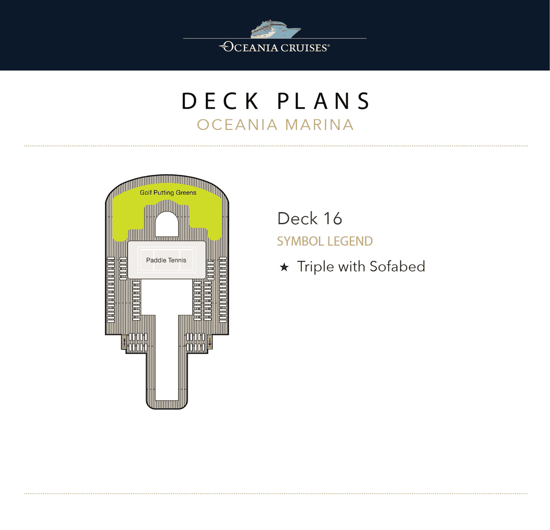 Deck 16 plan of Oceania Marina, showing the sports deck with paddle tennis and the golf putting greens