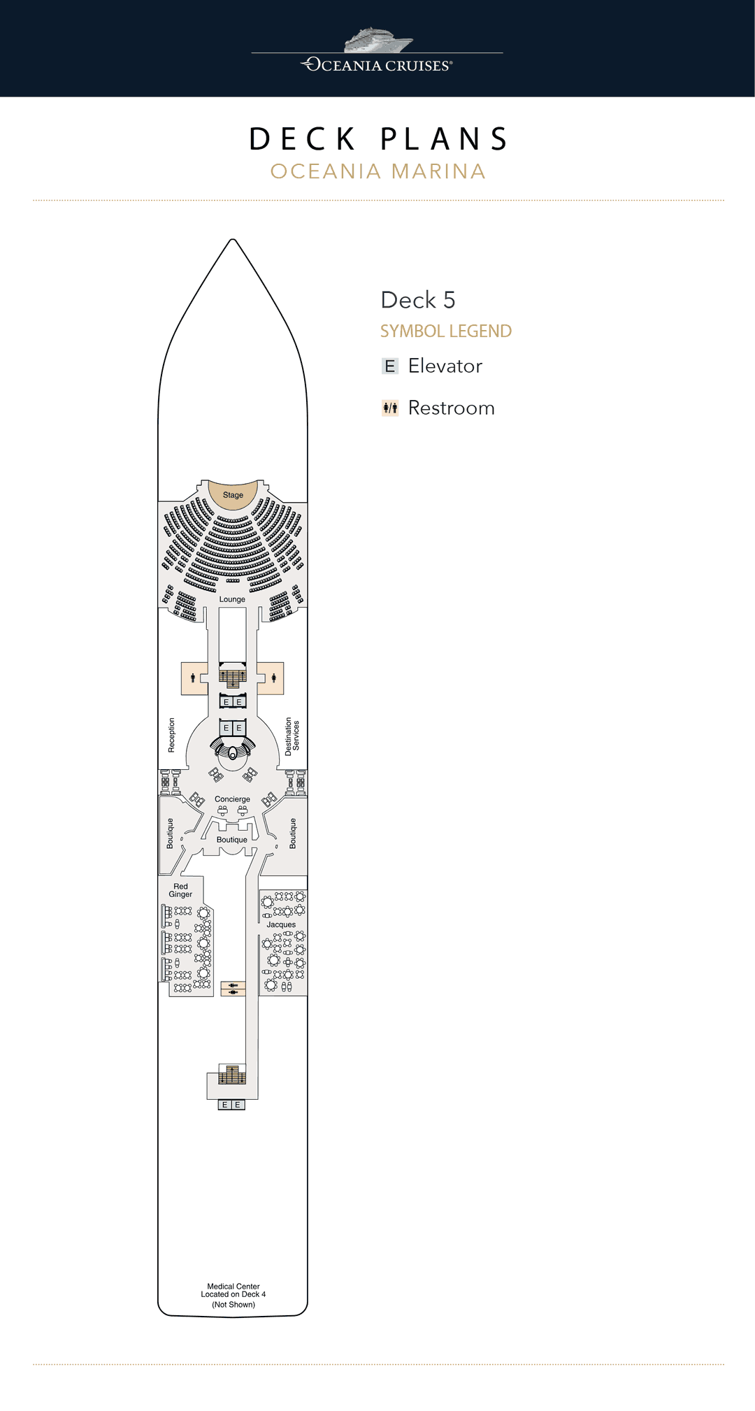 Deck 5 plan of Oceania Marina, showing the Lounge forward, Reception, Destination Services, the Concierge, the Boutiques, Red Ginger and Jacques