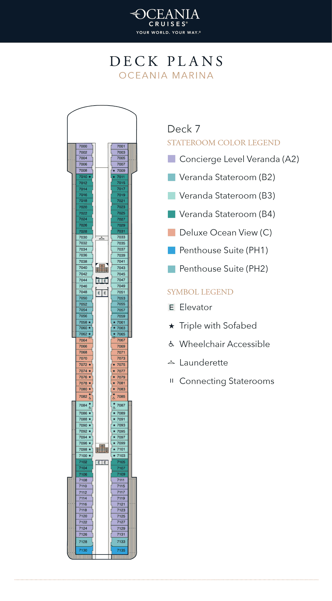 Deck 7 plan of Oceania Marina, showing Penthouse Suites aft, Deluxe Oceanview Staterooms amidships, Veranda Staterooms and Concierge Level Verandas