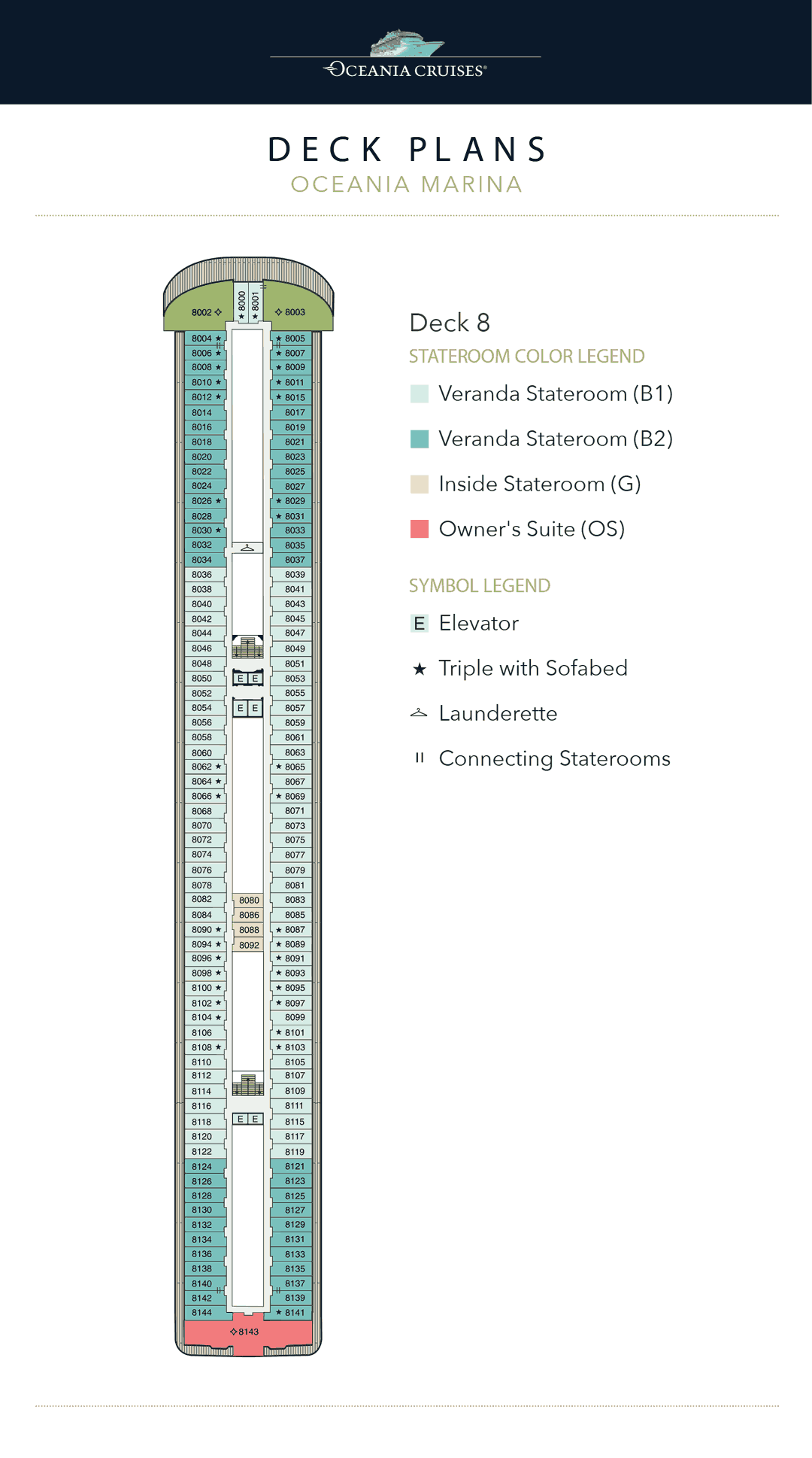 Deck 8 plan of Oceania Marina, showing an Owner's Suite aft, Vista Suites forward, Inside Staterooms and Veranda Staterooms