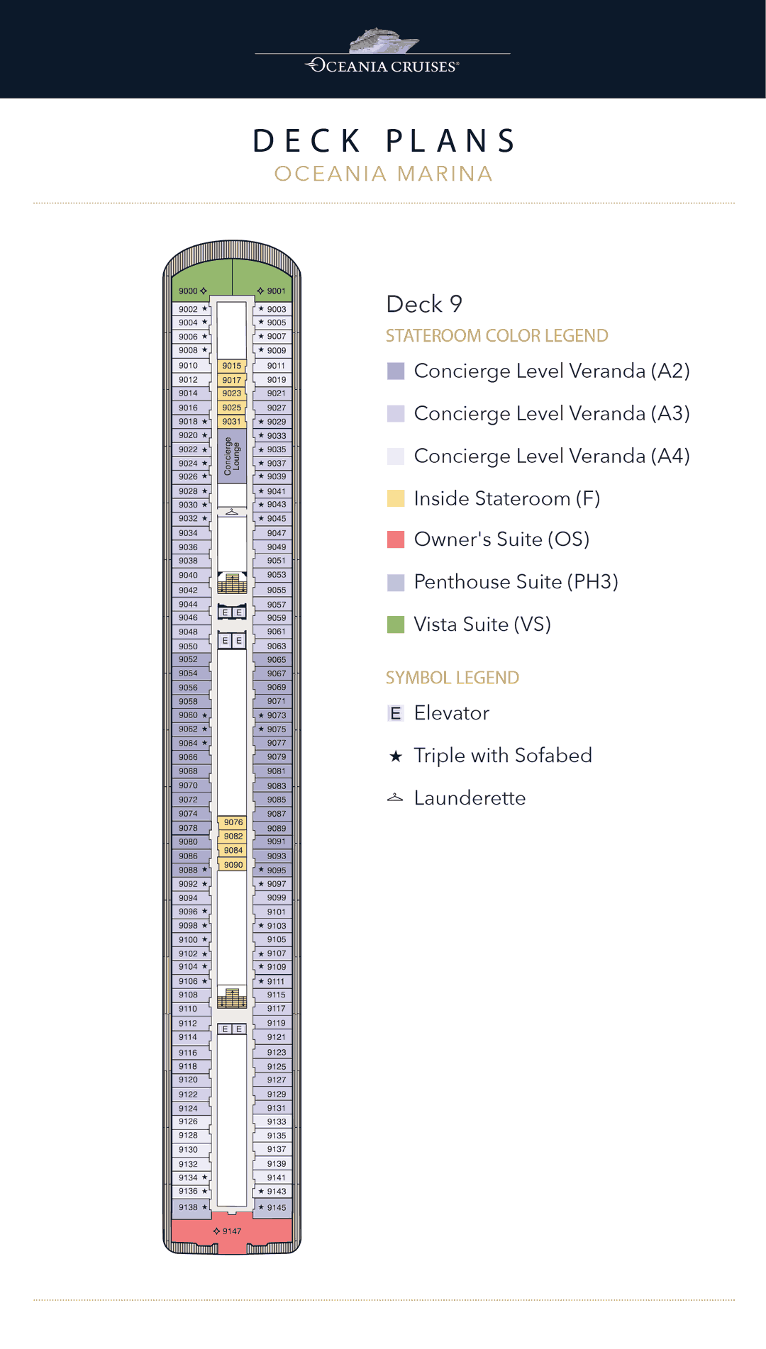 Deck 9 plan of Oceania Marina, showing an Owner's Suite, Penthouse Suites, Vista Suites, Inside Staterooms and Concierge Level Veranda Staterooms