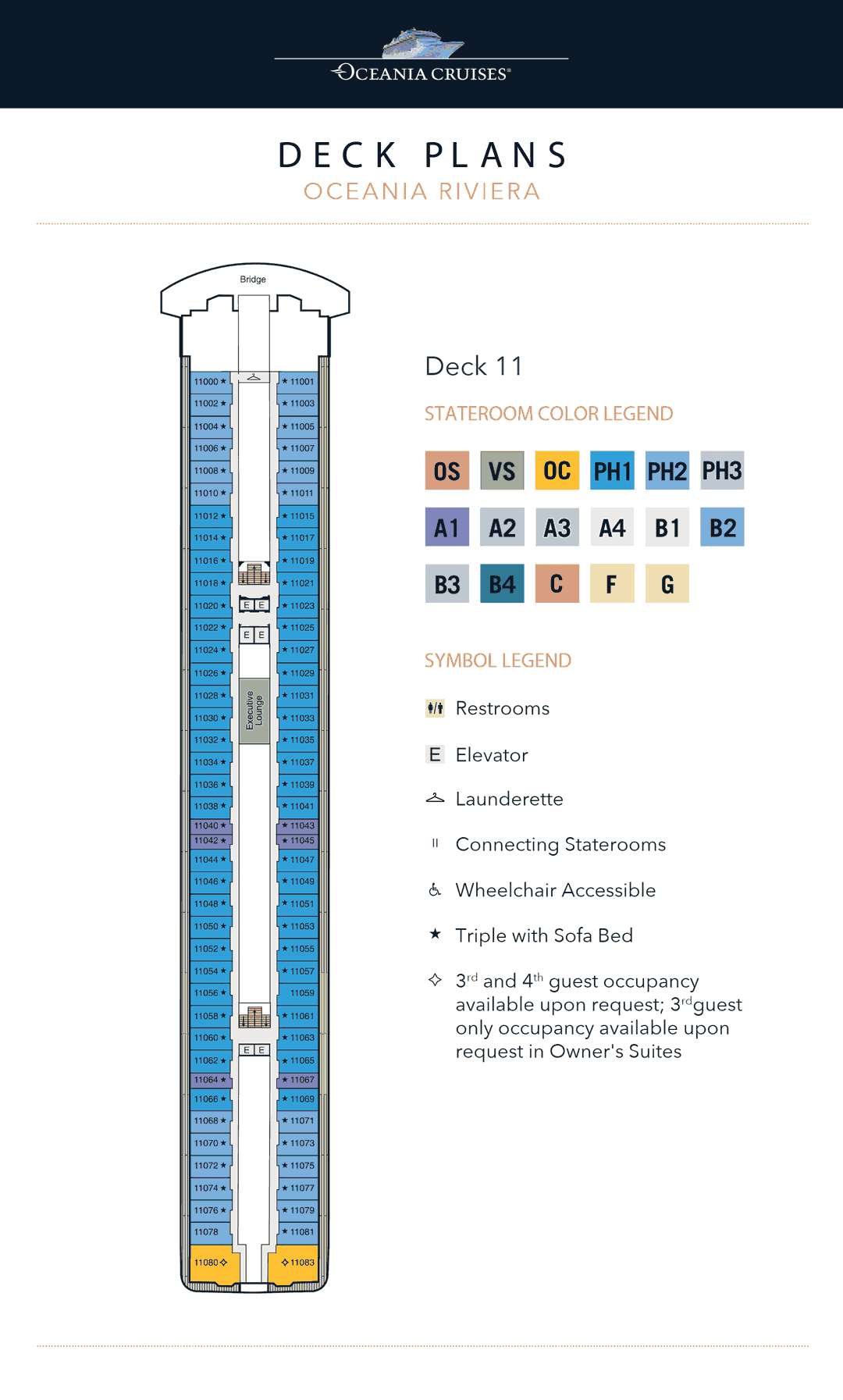 Deck 11 plan of Oceania Riviera, showing Oceania Suites, Penthouse Suites and Concierge Level Veranda Staterooms
