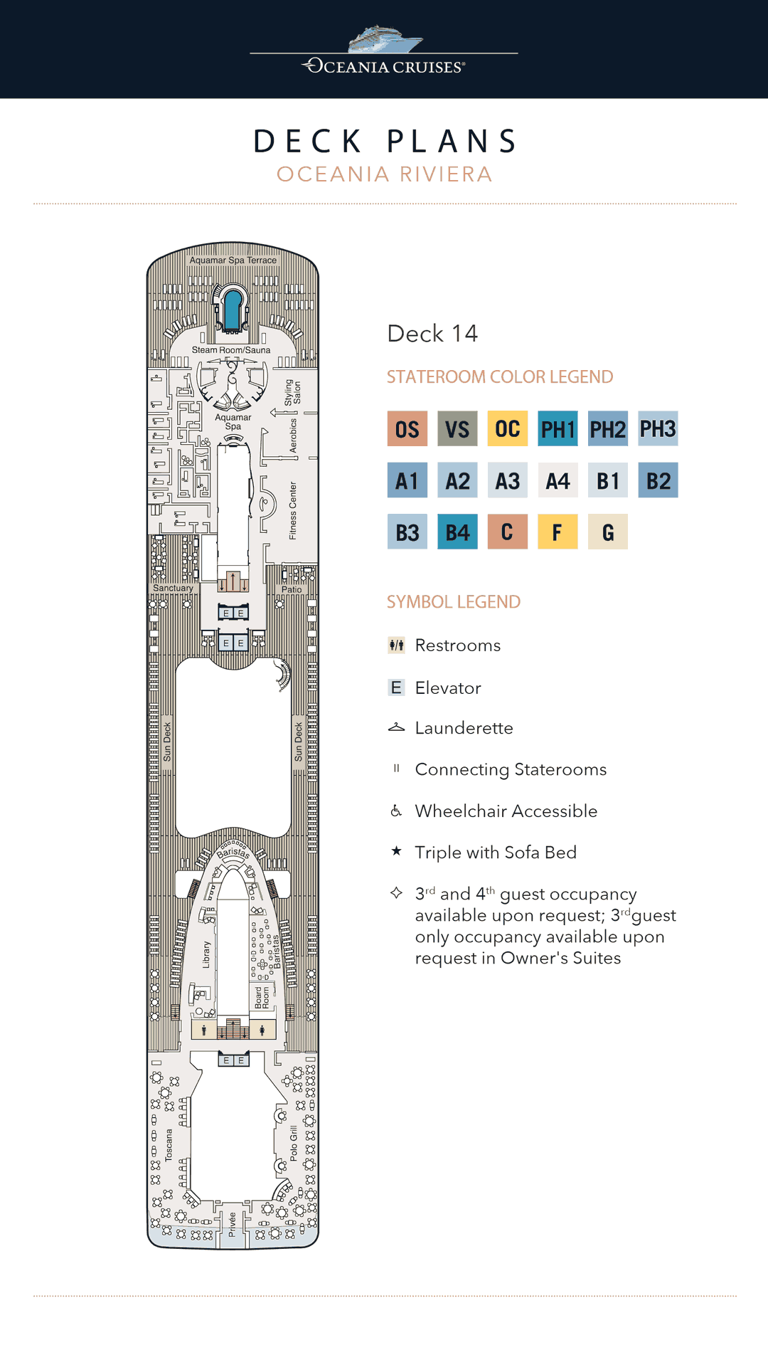 Deck 14 plan of Oceania Riviera, showing Toscana, Privée, Polo Grill, the Library, Baristas, the Aquamar Spa + Vitality Center and Fitness Center