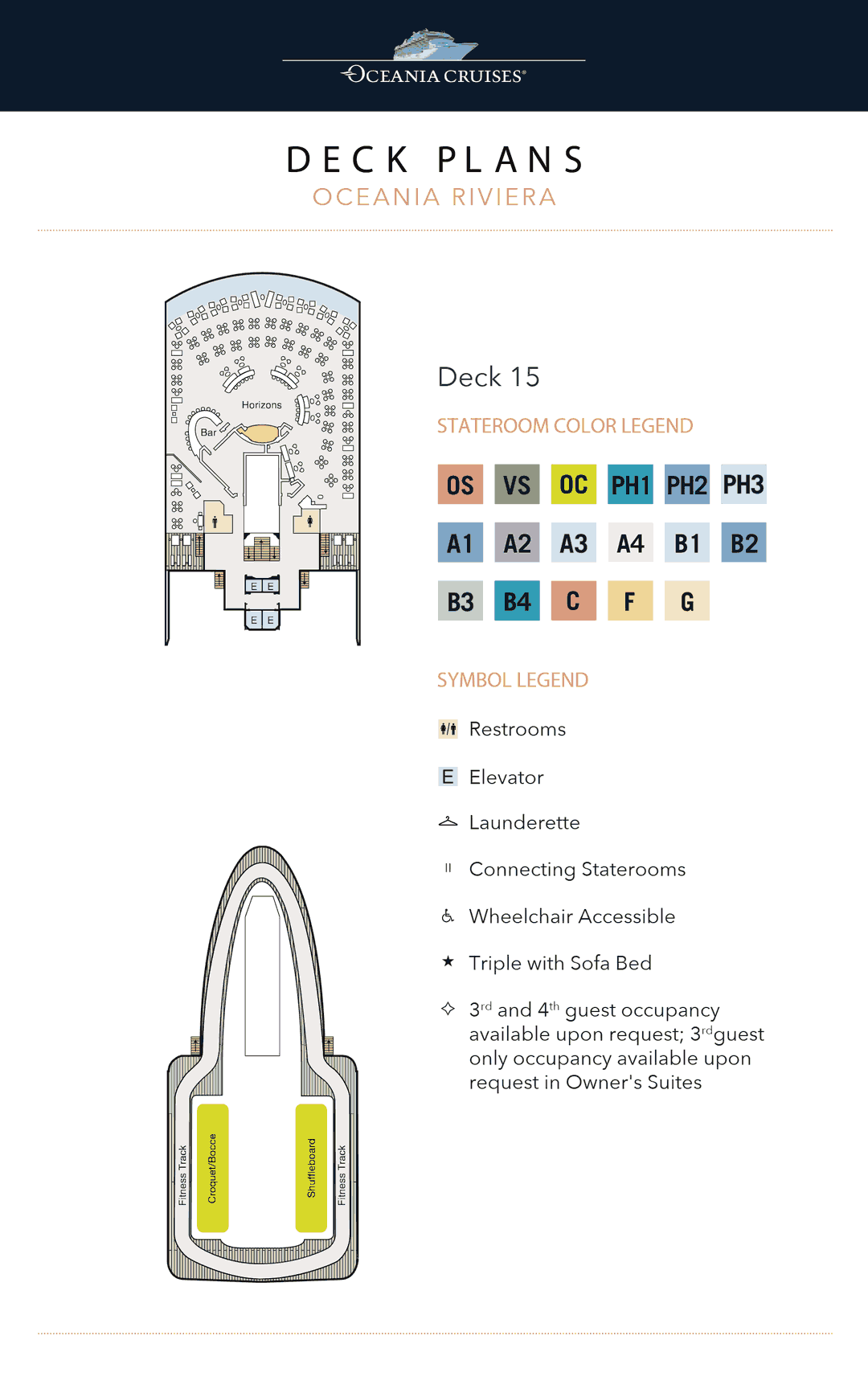 Deck 15 plan of Oceania Riviera, showing the fitness track with shuffleboard, croquet and bocce