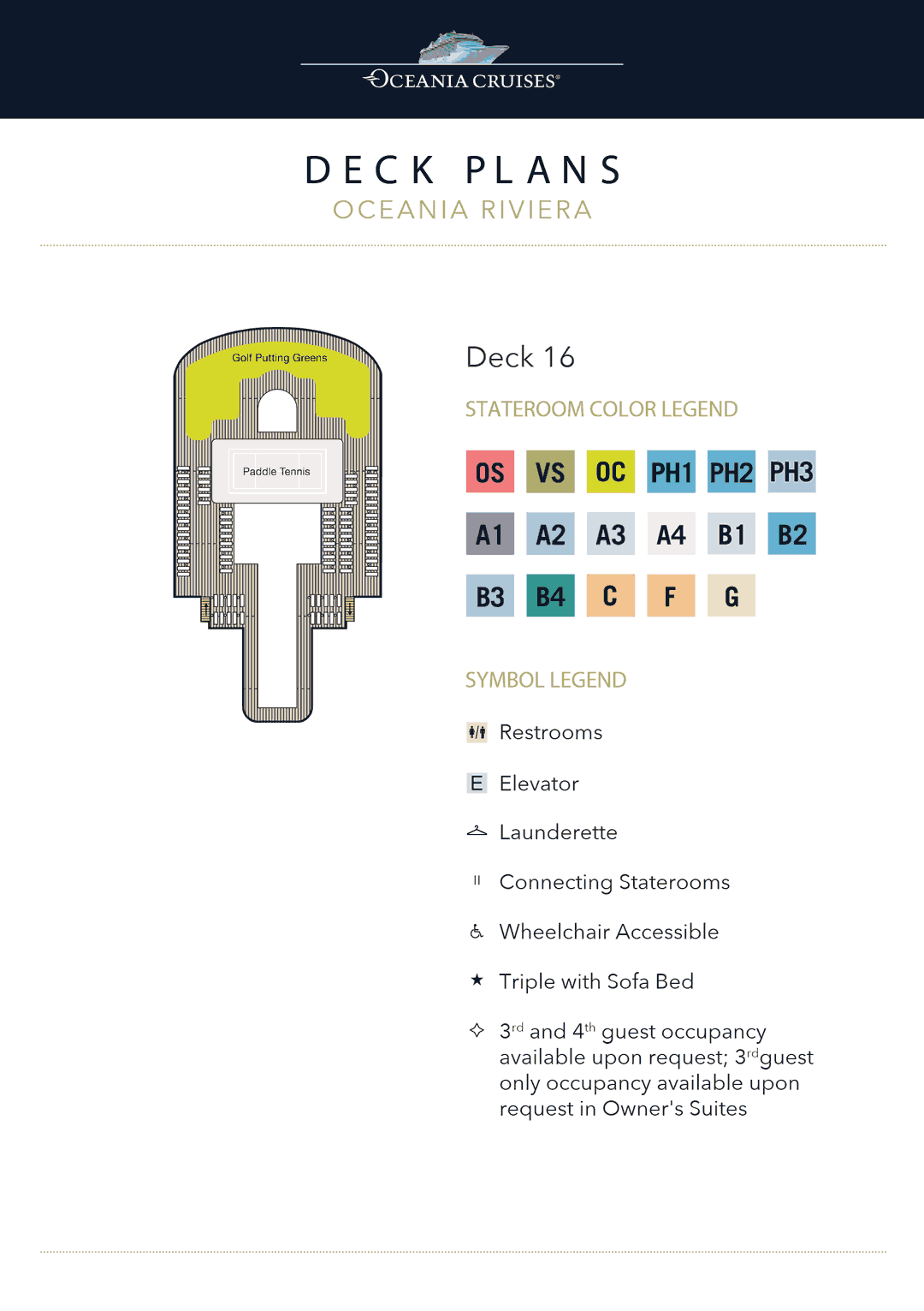 Deck 16 plan of Oceania Riviera, showing the sports deck with paddle tennis and the golf putting greens