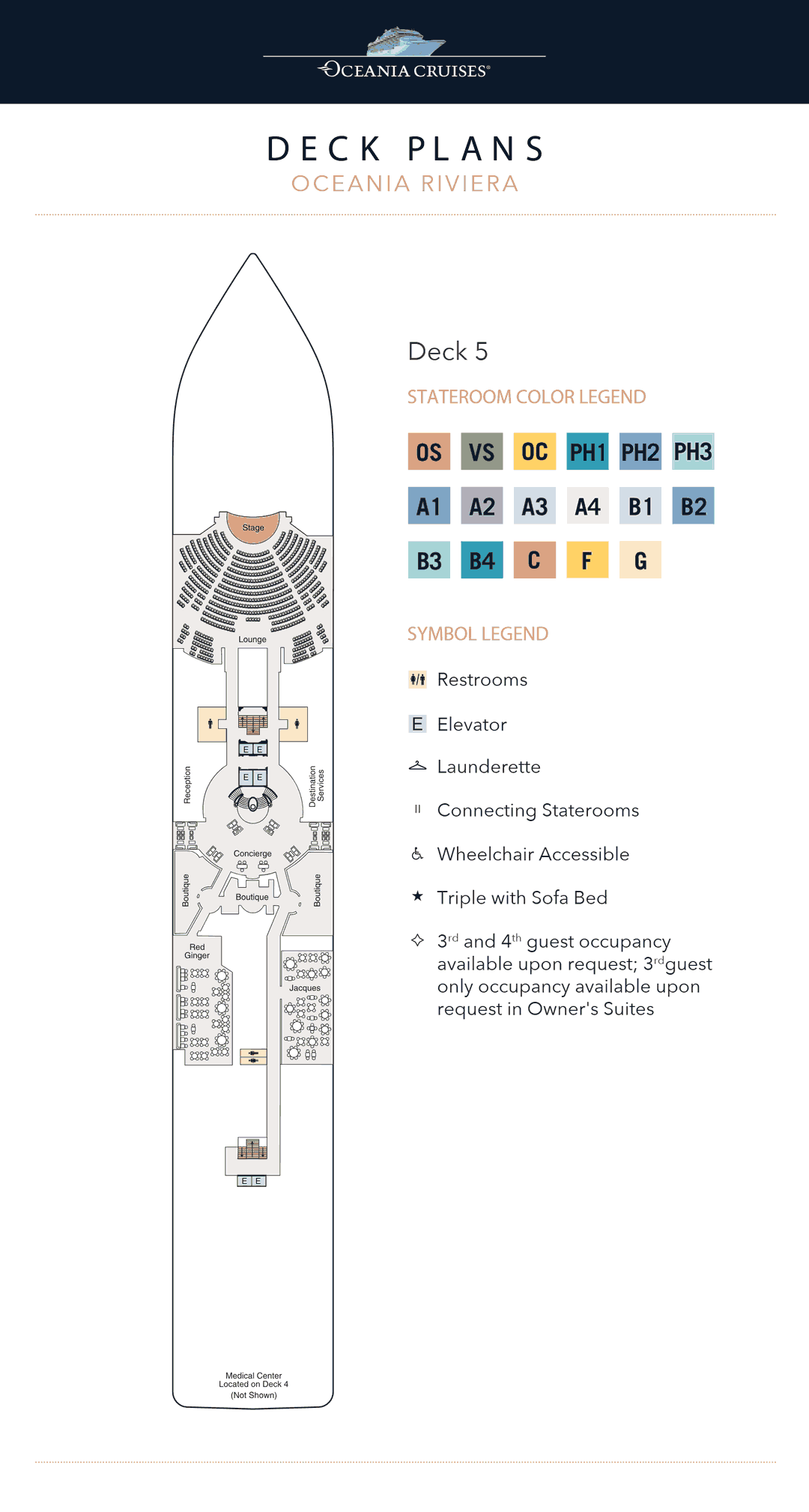 Deck 5 plan of Oceania Riviera, showing the Lounge forward, Reception, Destination Services, the Concierge, the Boutiques, Red Ginger and Jacques