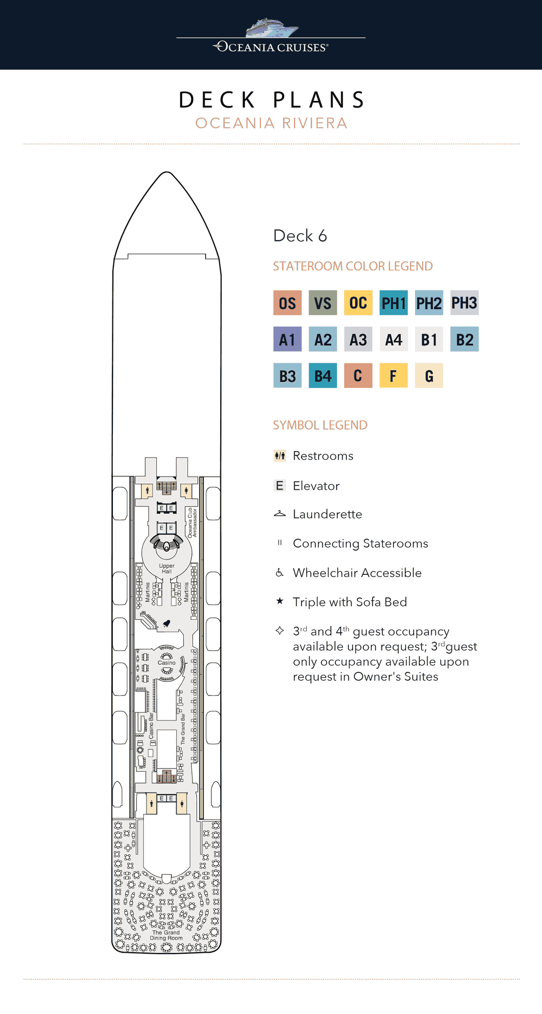 Deck 6 plan of Oceania Riviera, showing The Grand Bar, Martinis, the Casino, Future Cruise Sales and The Grand Dining Room aft