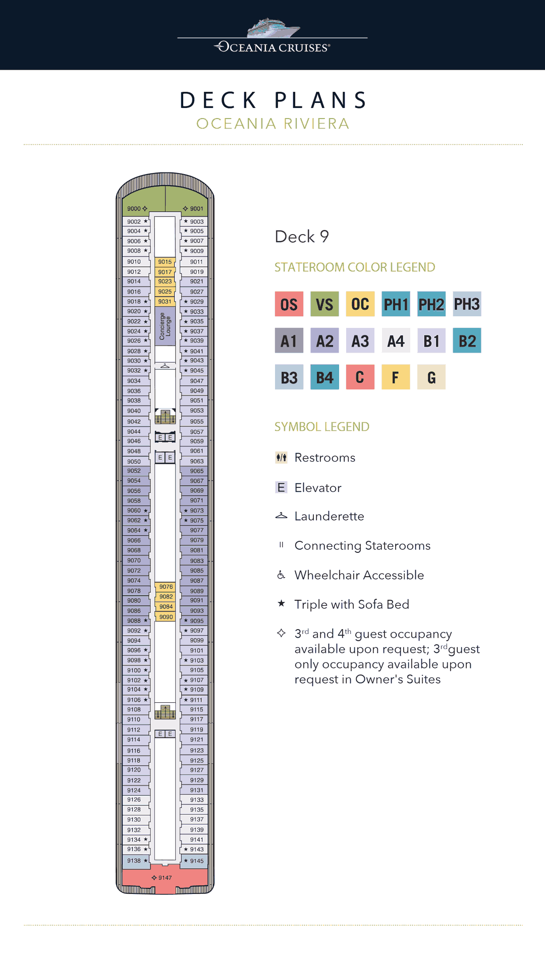 Deck 9 plan of Oceania Riviera, showing an Owner's Suite, Penthouse Suites, Vista Suites, Inside Staterooms and Concierge Level Veranda Staterooms