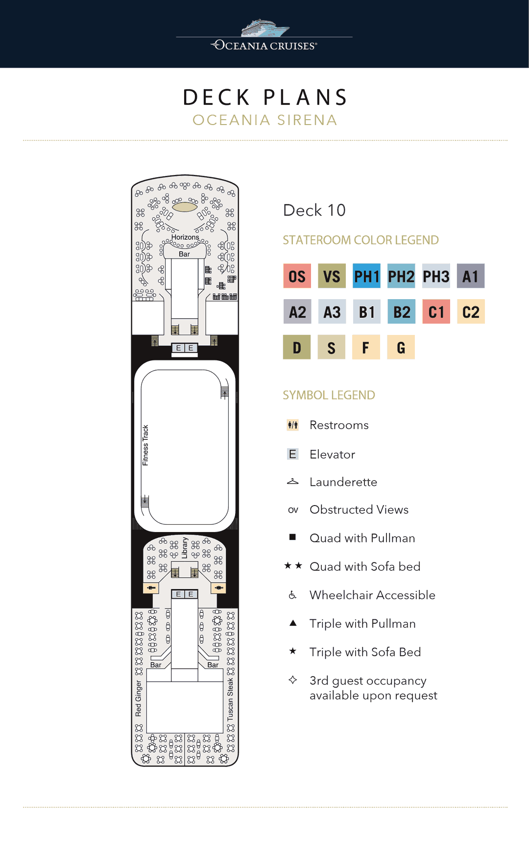 Deck 10 plan of Oceania Sirena, showing Horizons forward, the fitness track, the Library, Tuscan Steak and Red Ginger