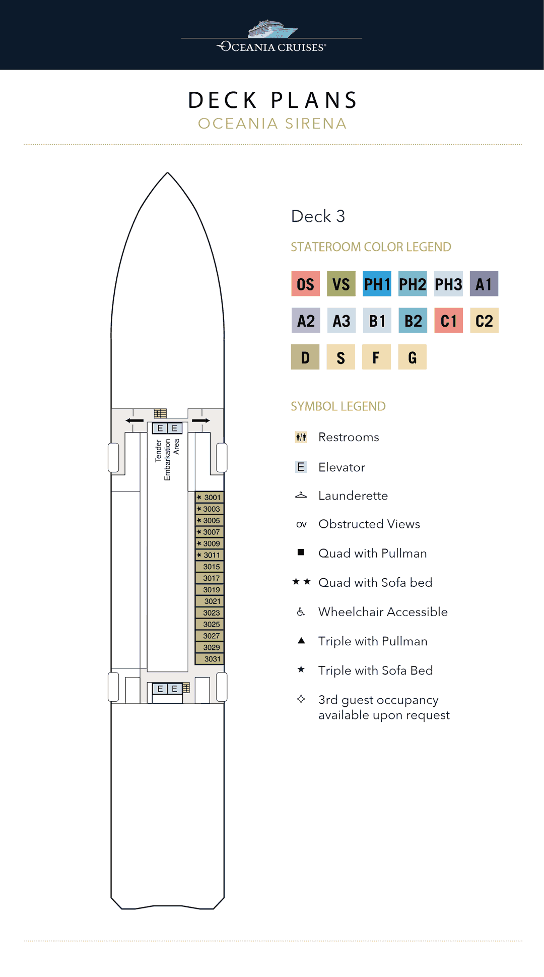 Deck 3 plan of Oceania Sirena, showing the Oceanview Staterooms