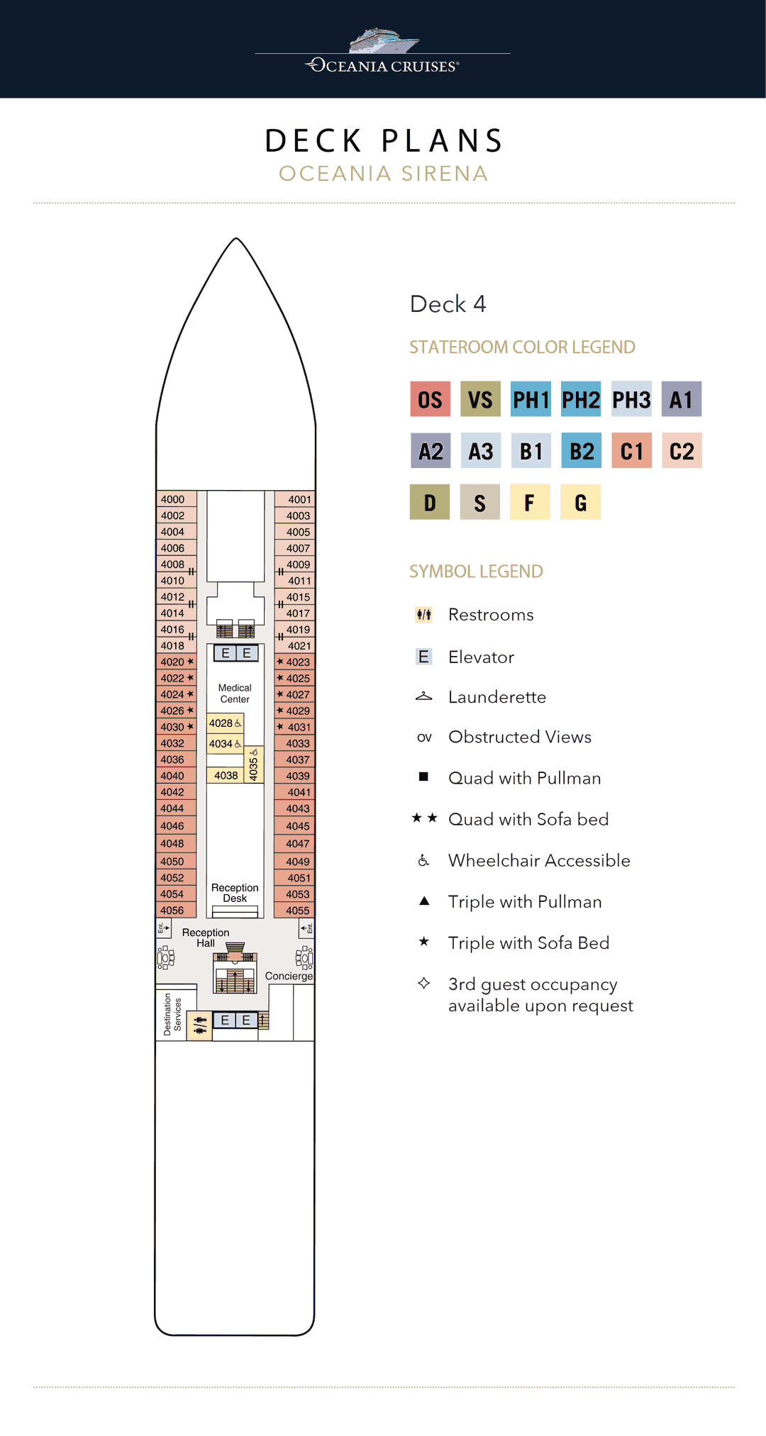 Deck 4 plan of Oceania Sirena, showing the Reception Desk, Destination Services, the Concierge, the Medical Center, Deluxe Oceanview and Inside Staterooms