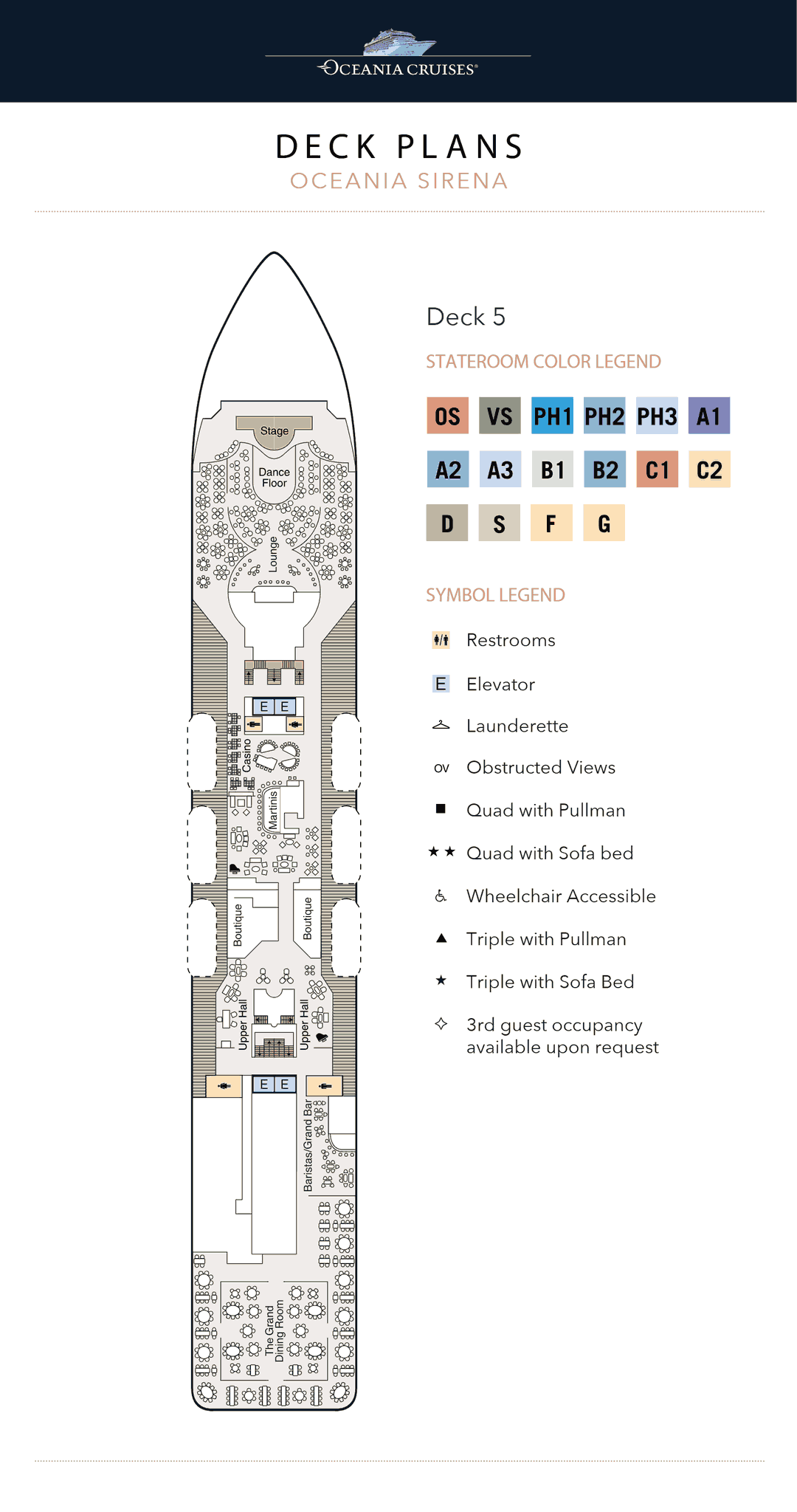 Deck 5 plan of Oceania Sirena, showing the Lounge forward, the Casino, Martinis, the Boutiques, Baristas and The Grand Bar, and The Grand Dining Room aft