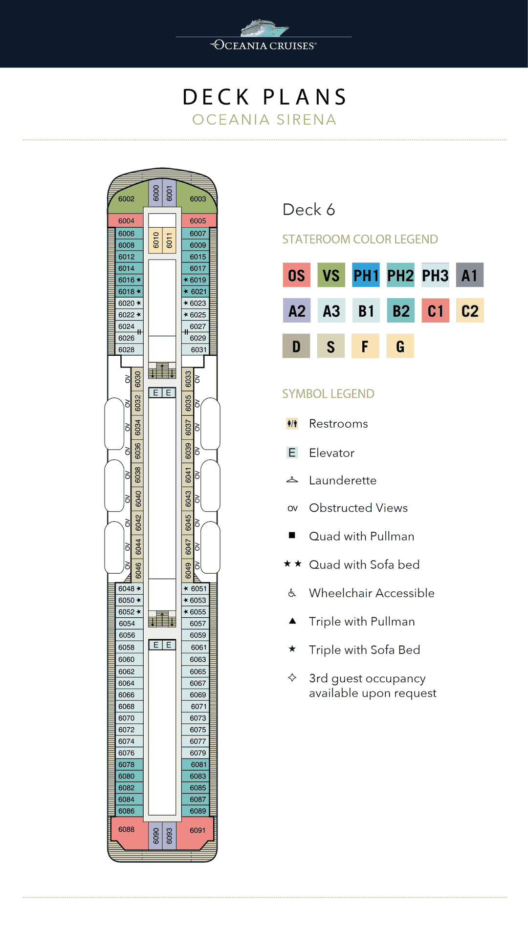 Deck 6 plan of Oceania Sirena, showing Owner's Suites fore and aft, Oceanview and Inside Staterooms