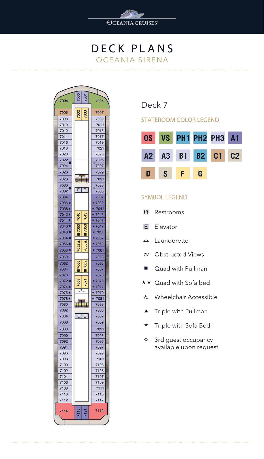 Deck 7 plan of Oceania Sirena, showing Owner's Suites, Vista Suites, Concierge Level Veranda, Deluxe Oceanview and Inside Staterooms