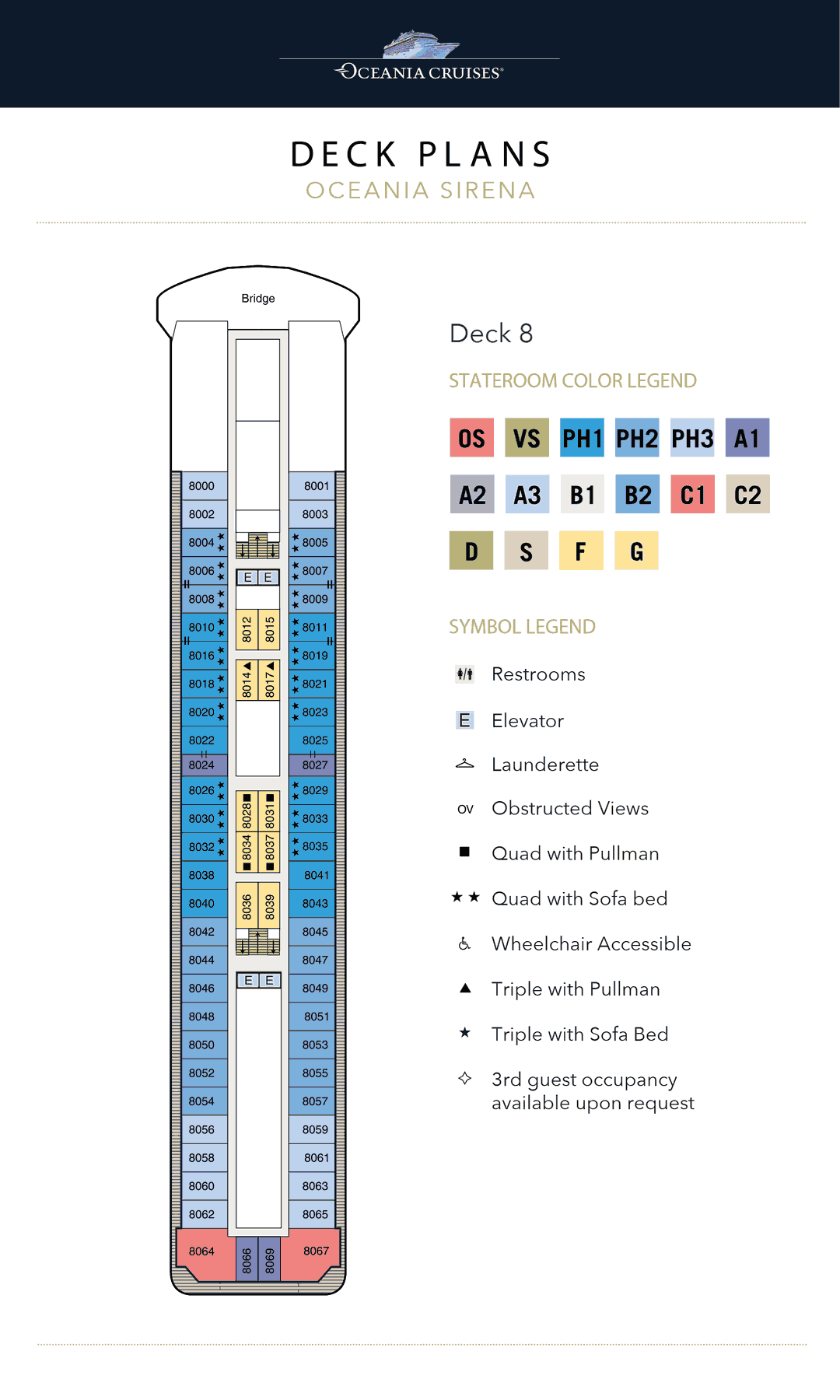 Deck 8 plan of Oceania Sirena, showing Owner's Suites, Penthouse Suites, Concierge Level Veranda and Inside Staterooms