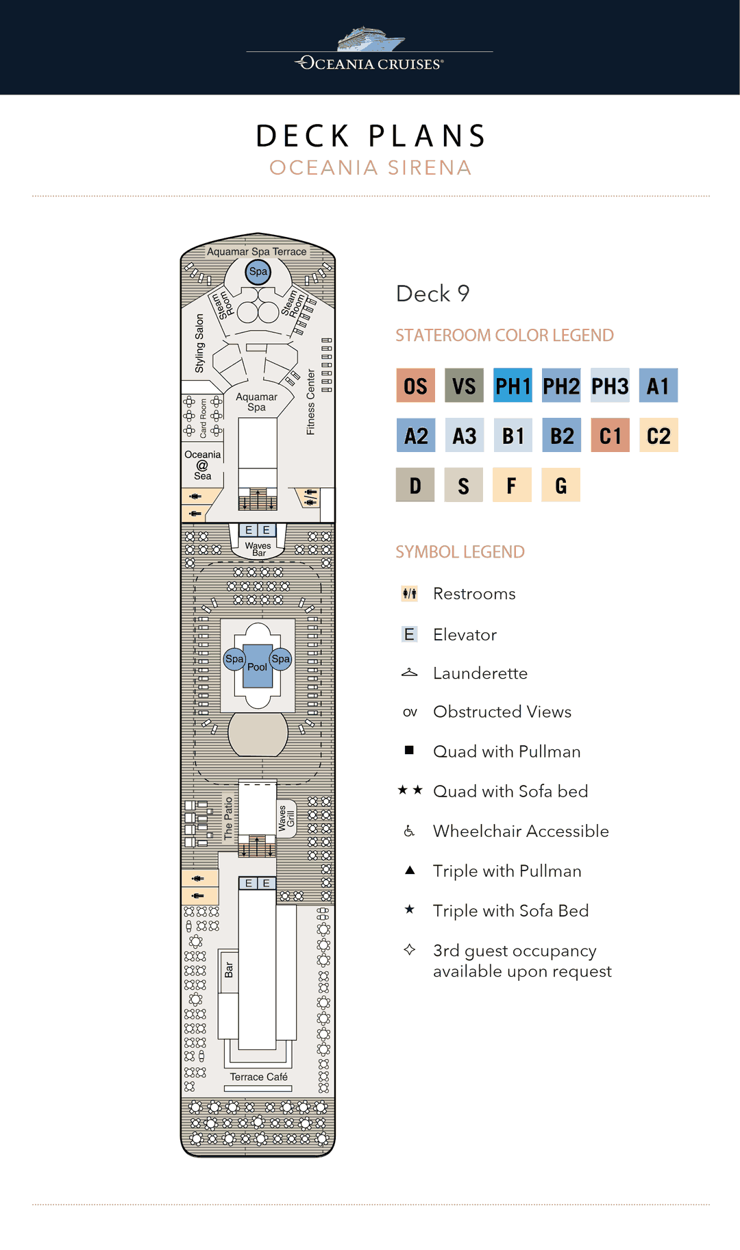 Deck 9 plan of Oceania Sirena, showing the Aquamar Spa + Vitality Center forward, the pool deck, Waves Bar & Grill, the Card Room and Terrace Café aft