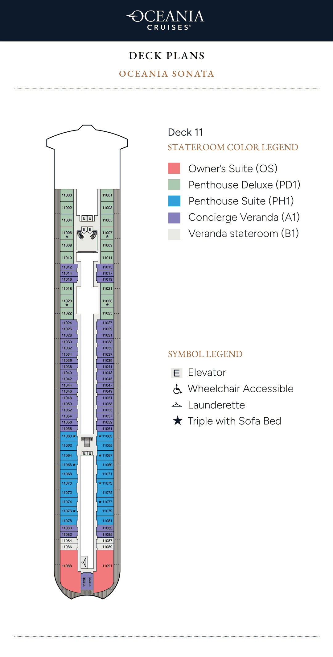 Deck 11 plan of Oceania Sonata, showing Owner's Suites aft, Penthouse and Penthouse Deluxe Suites, Concierge Level Verandas and Veranda Staterooms