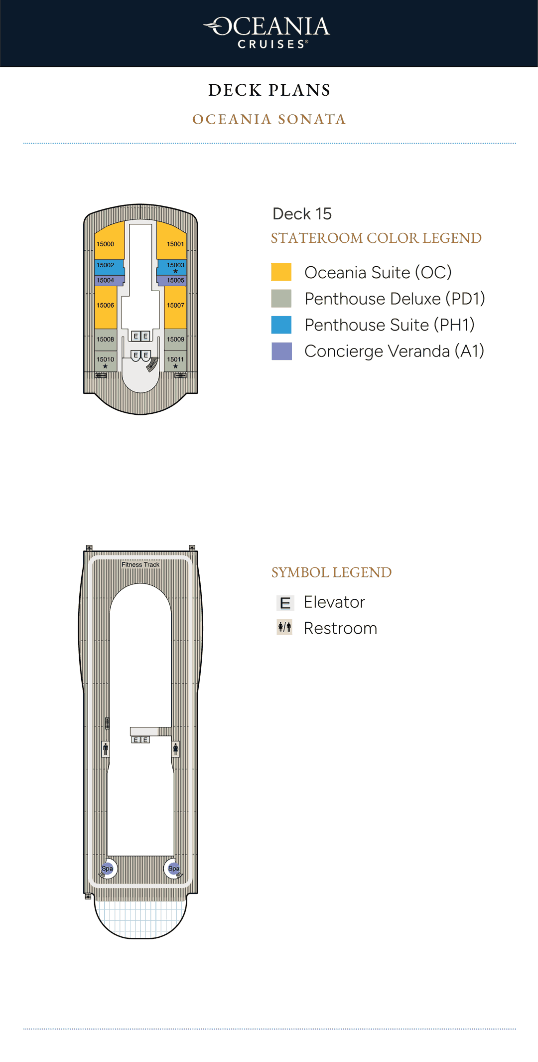 Deck 15 plan of Oceania Sonata, showing the fitness track, Oceania Suites, Penthouse and Penthouse Deluxe Suites and Concierge Level Verandas