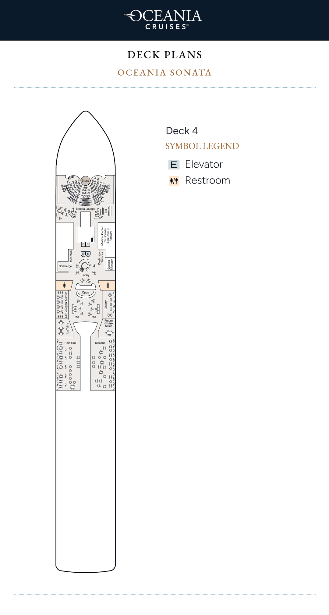 Deck 4 plan of Oceania Sonata, showing the Sonata Lounge forward, Reception, Destination Services, the Concierge, the LYNC Digital Center, Opus, the Library, La Table, Toscana and Polo Grill