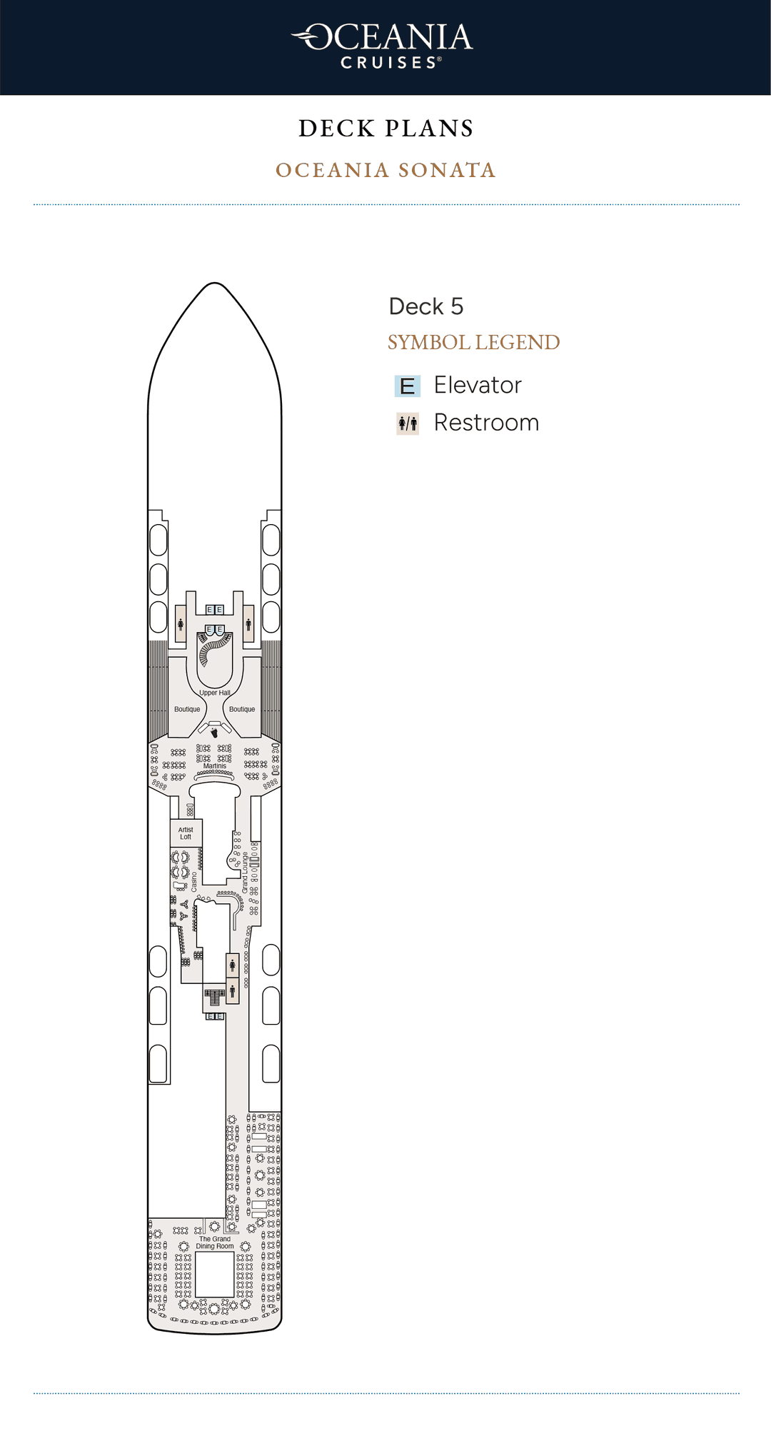 Deck 5 plan of Oceania Sonata, showing Martinis, the Casino, the Boutiques, the Grand Lounge, Artist Loft and The Grand Dining Room aft